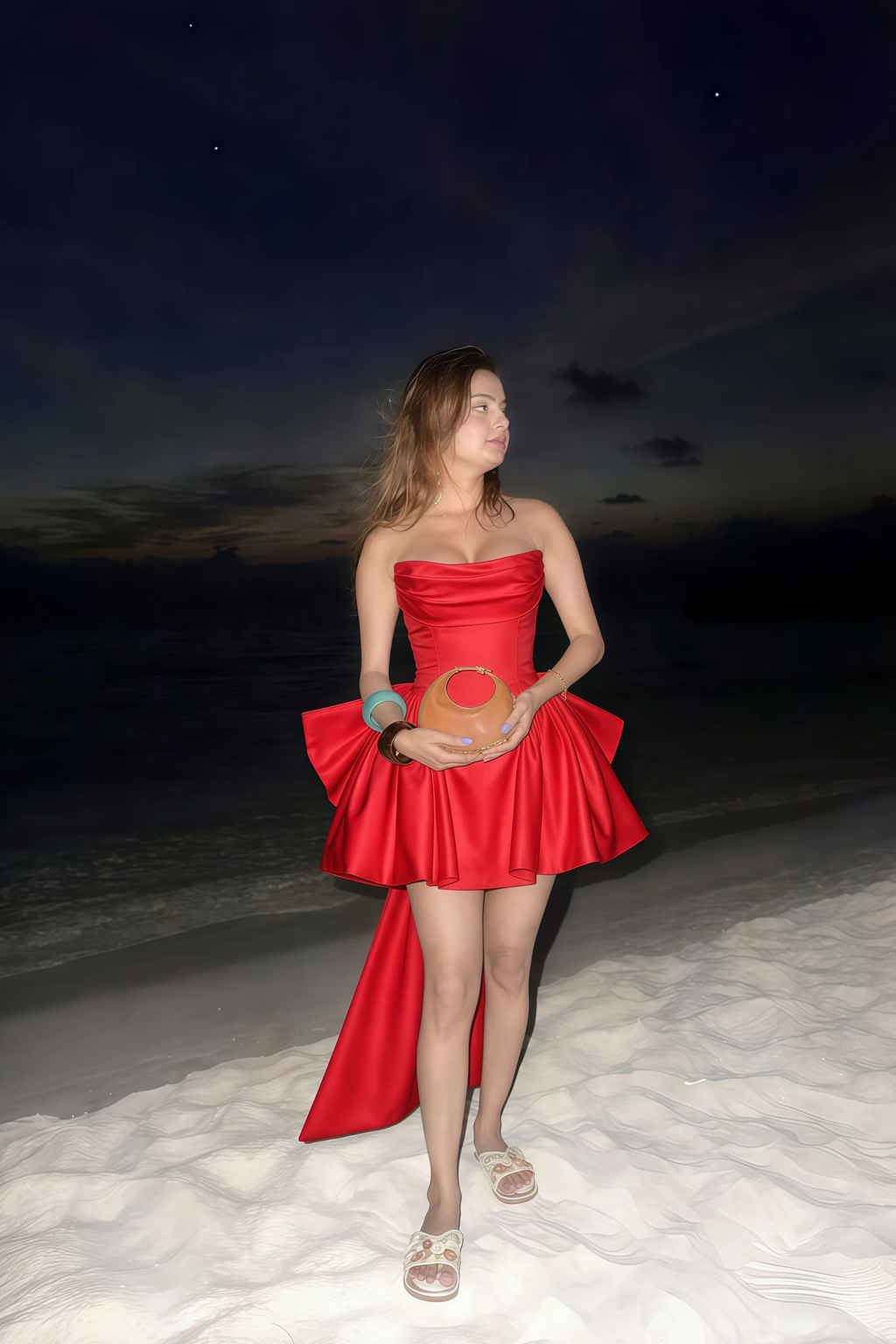 April Red Satin Strapless Lace-up Mini Dress with Bow