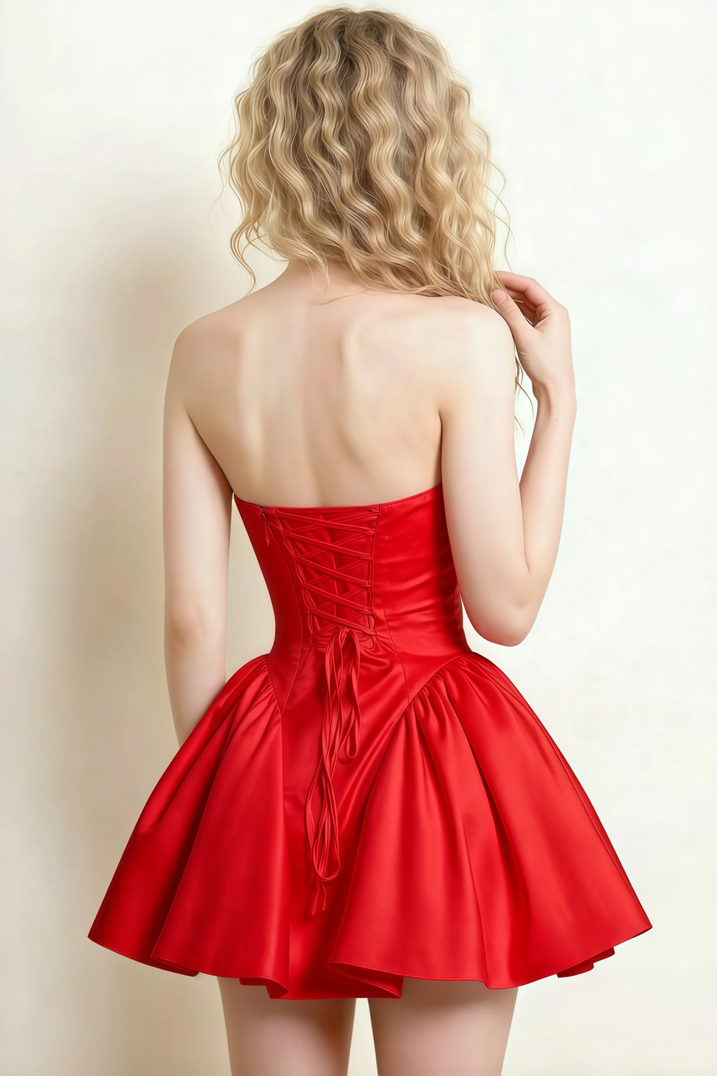 April Red Satin Strapless Lace-up Mini Dress with Bow