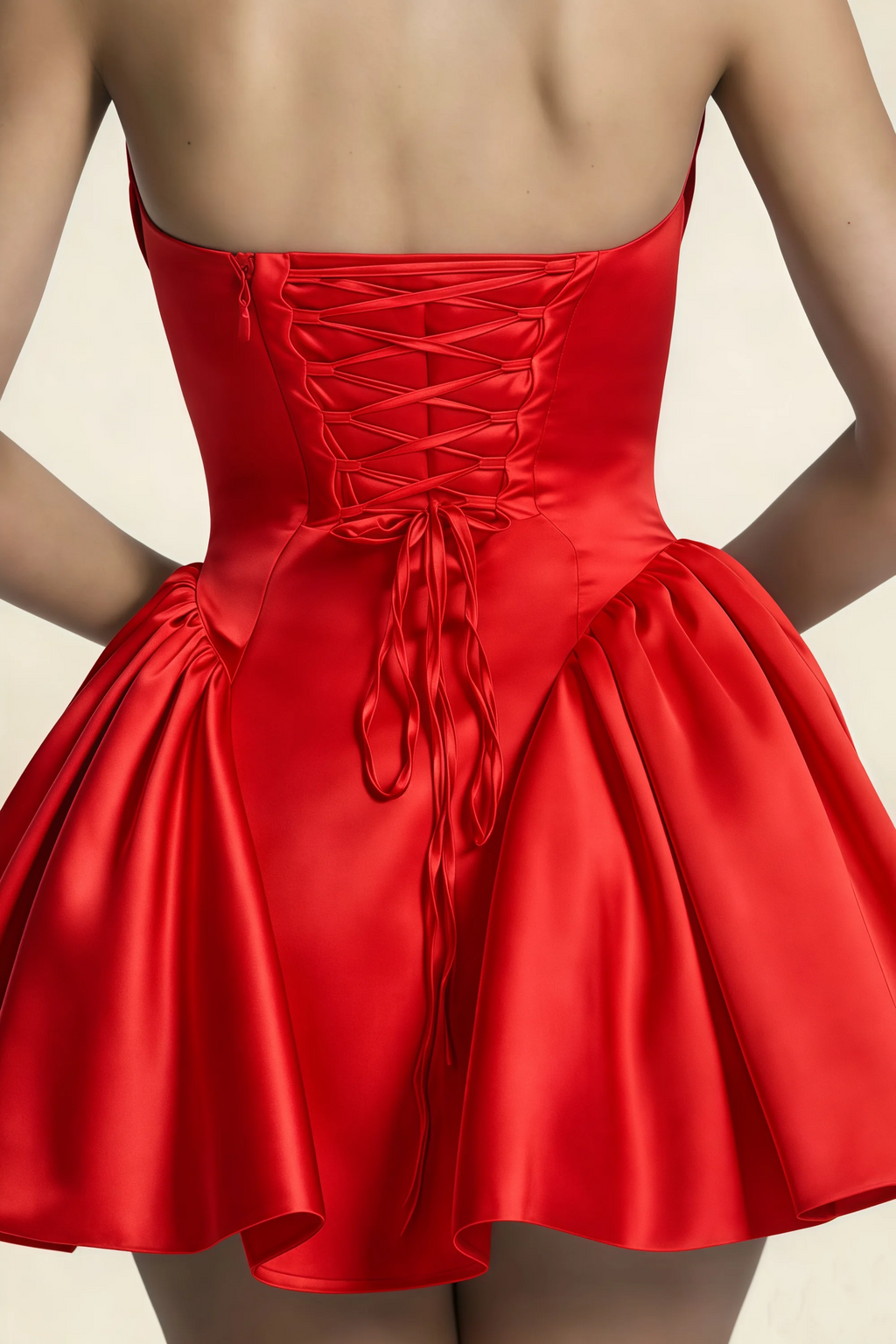 April Red Satin Strapless Lace-up Mini Dress with Bow