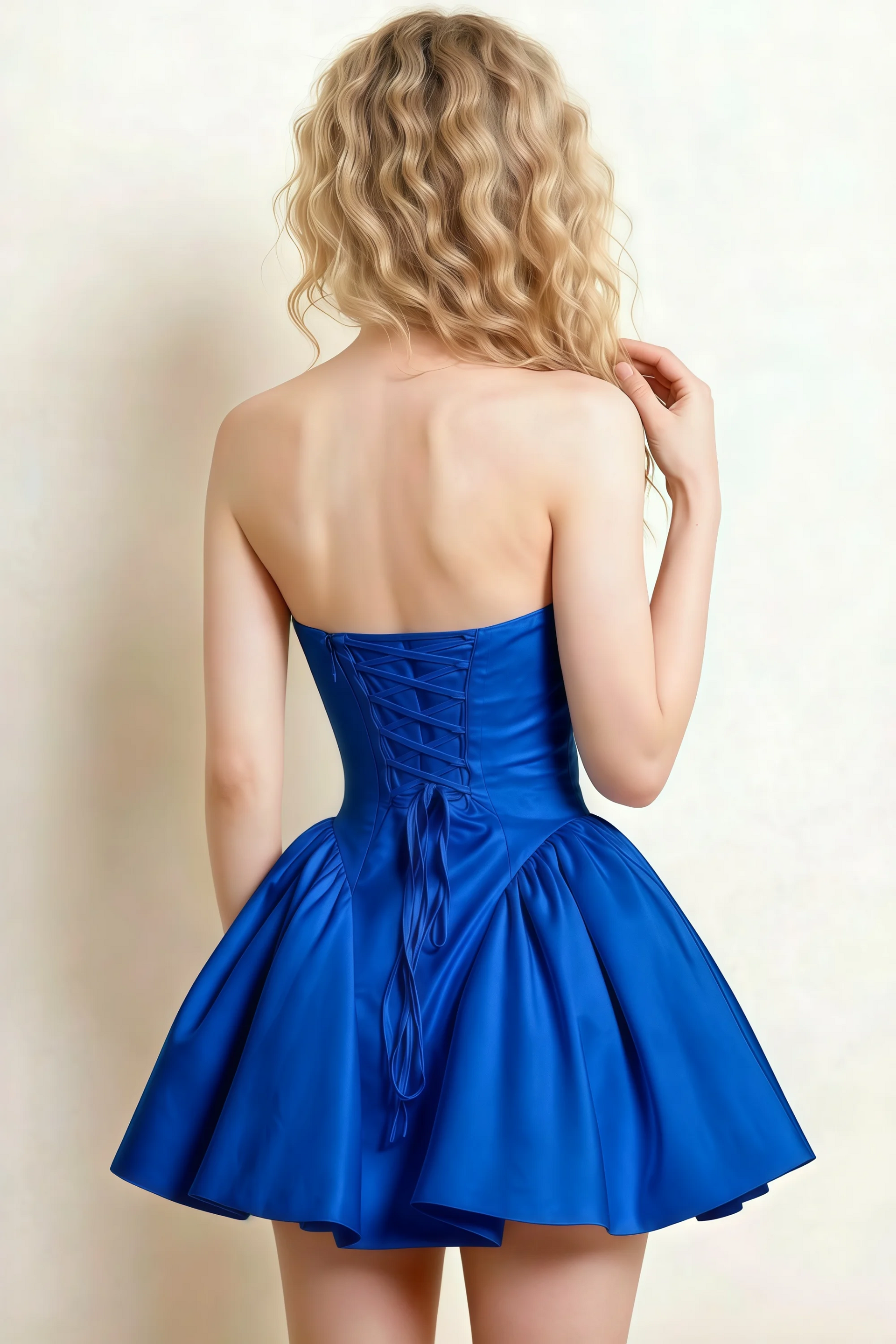 April Royal Blue Satin Strapless Lace-up Mini Dress with Bow