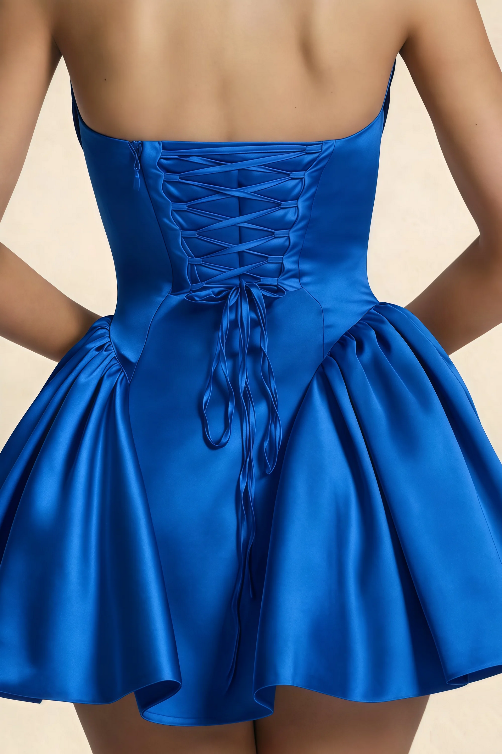 April Royal Blue Satin Strapless Lace-up Mini Dress with Bow
