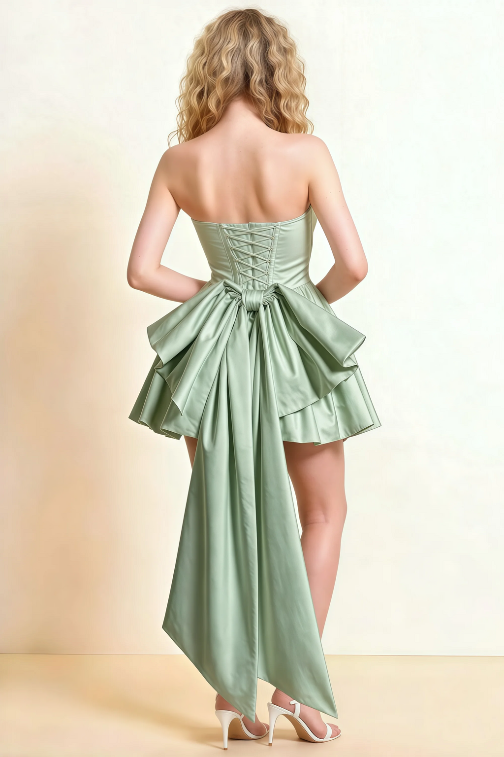 April Sage Green Satin Strapless Lace-up Mini Dress with Bow
