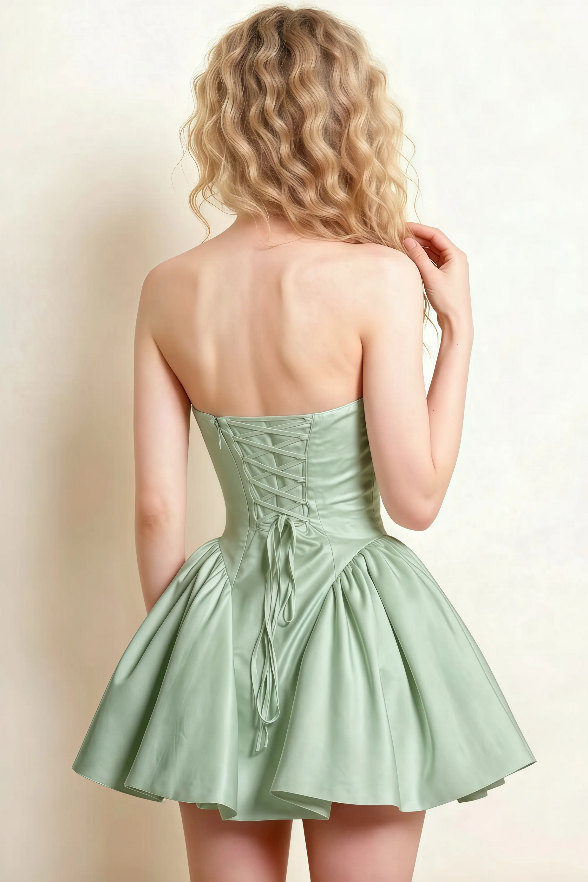 April Sage Green Satin Strapless Lace-up Mini Dress with Bow
