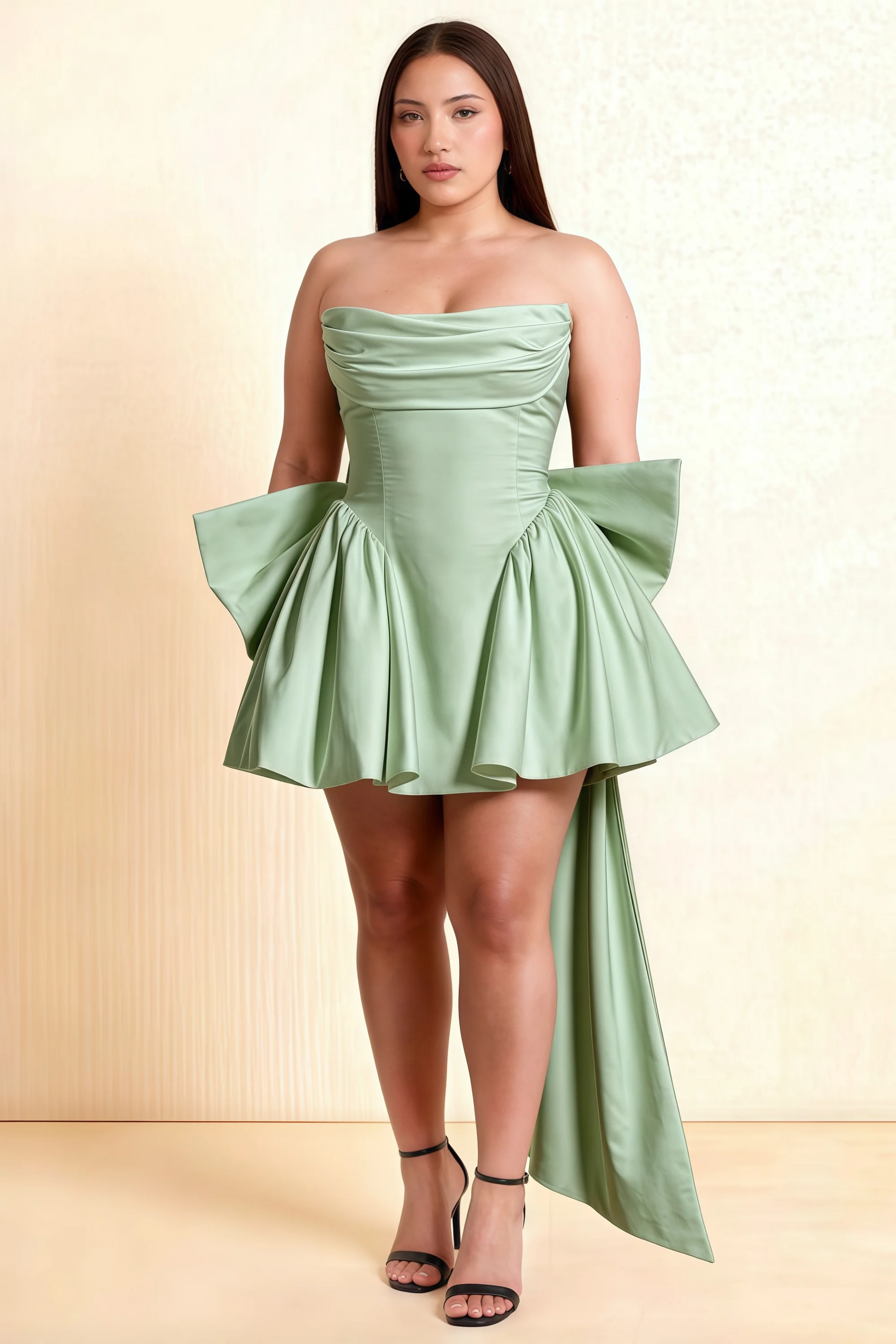 April Sage Green Satin Strapless Lace-up Mini Dress with Bow