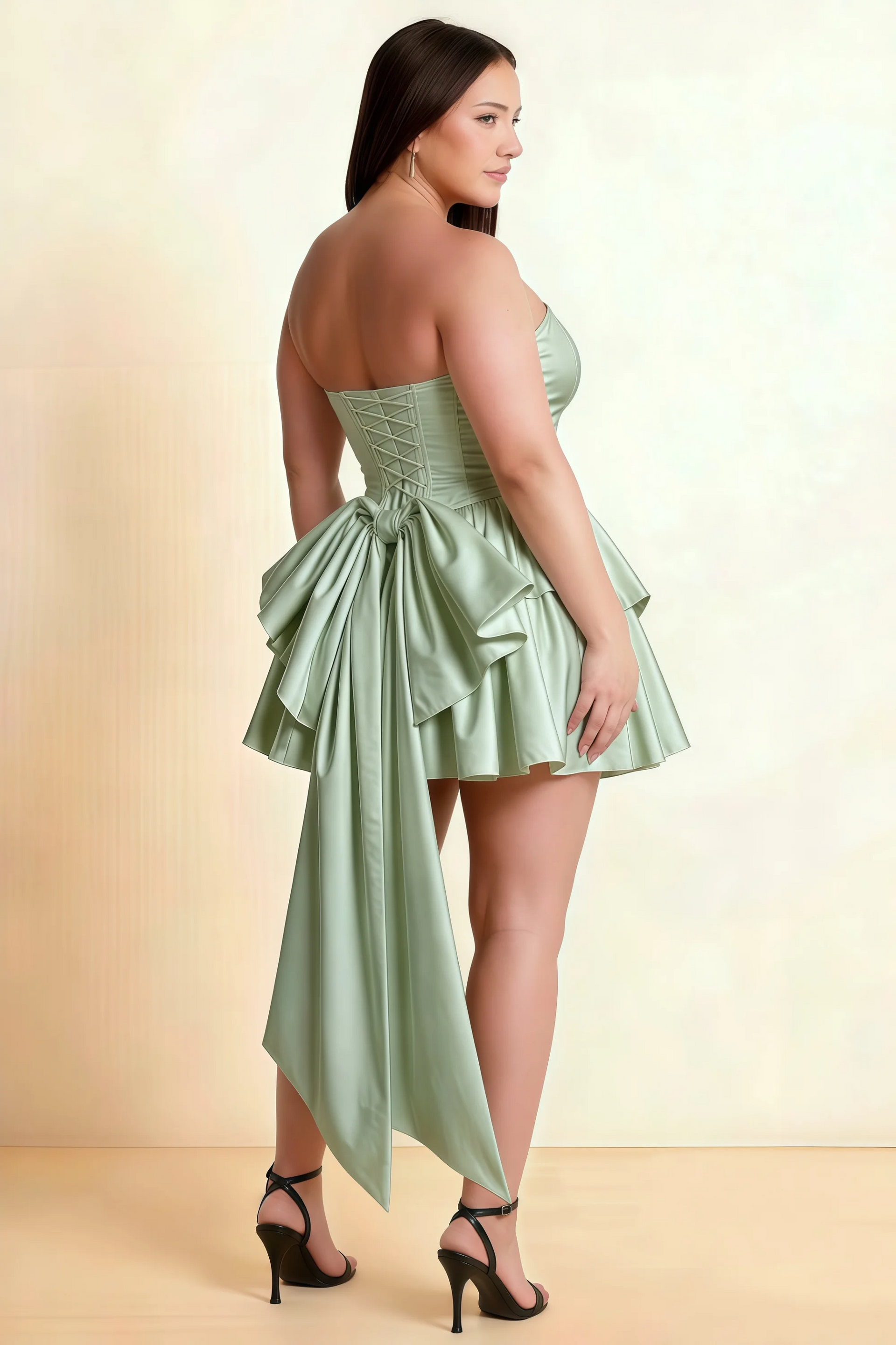 April Sage Green Satin Strapless Lace-up Mini Dress with Bow