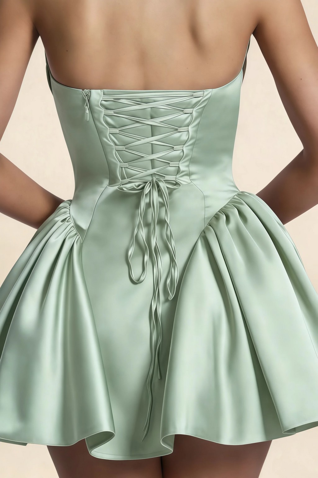 April Sage Green Satin Strapless Lace-up Mini Dress with Bow