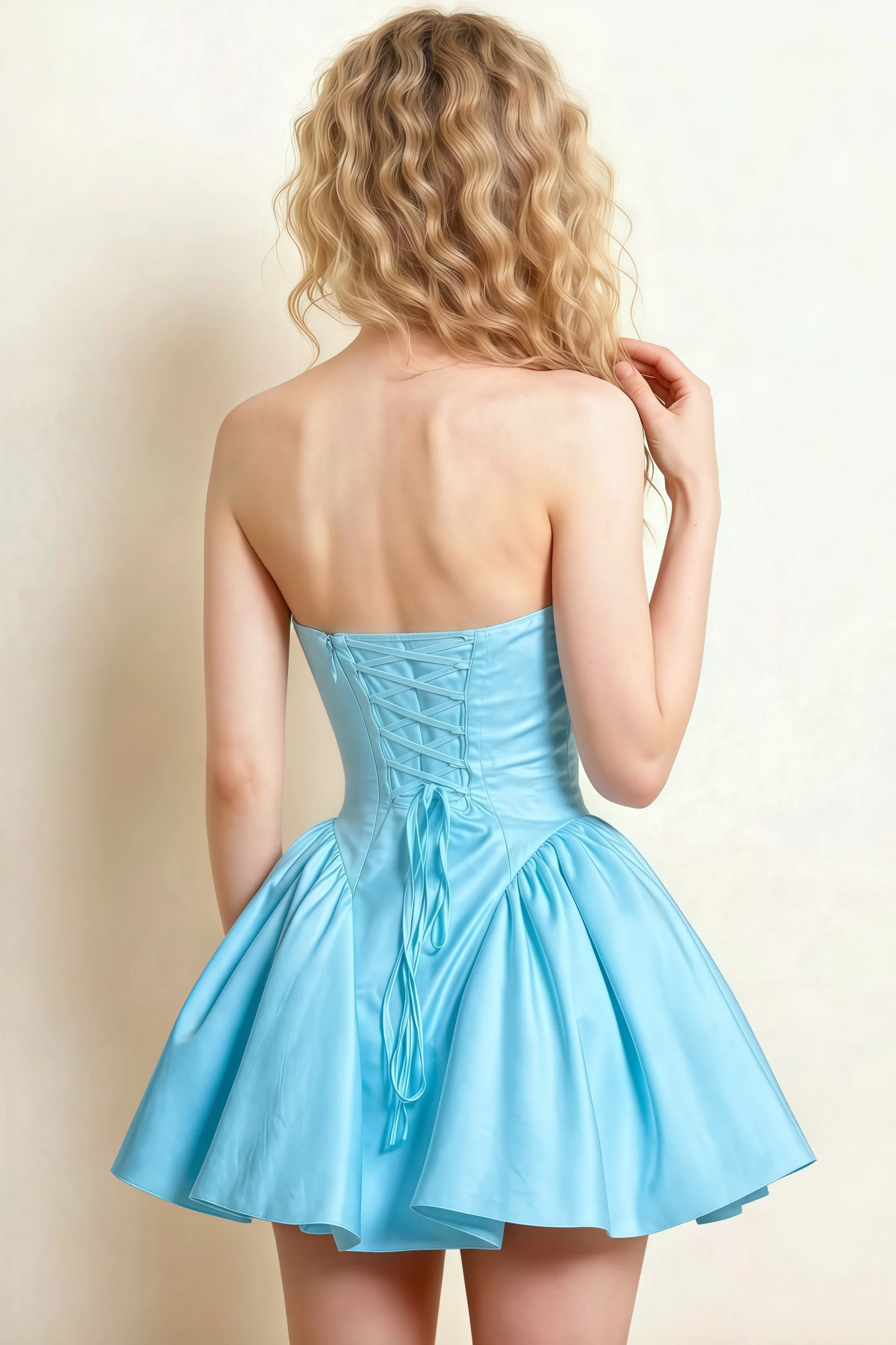 April Sky Blue Satin Strapless Lace-up Mini Dress with Bow