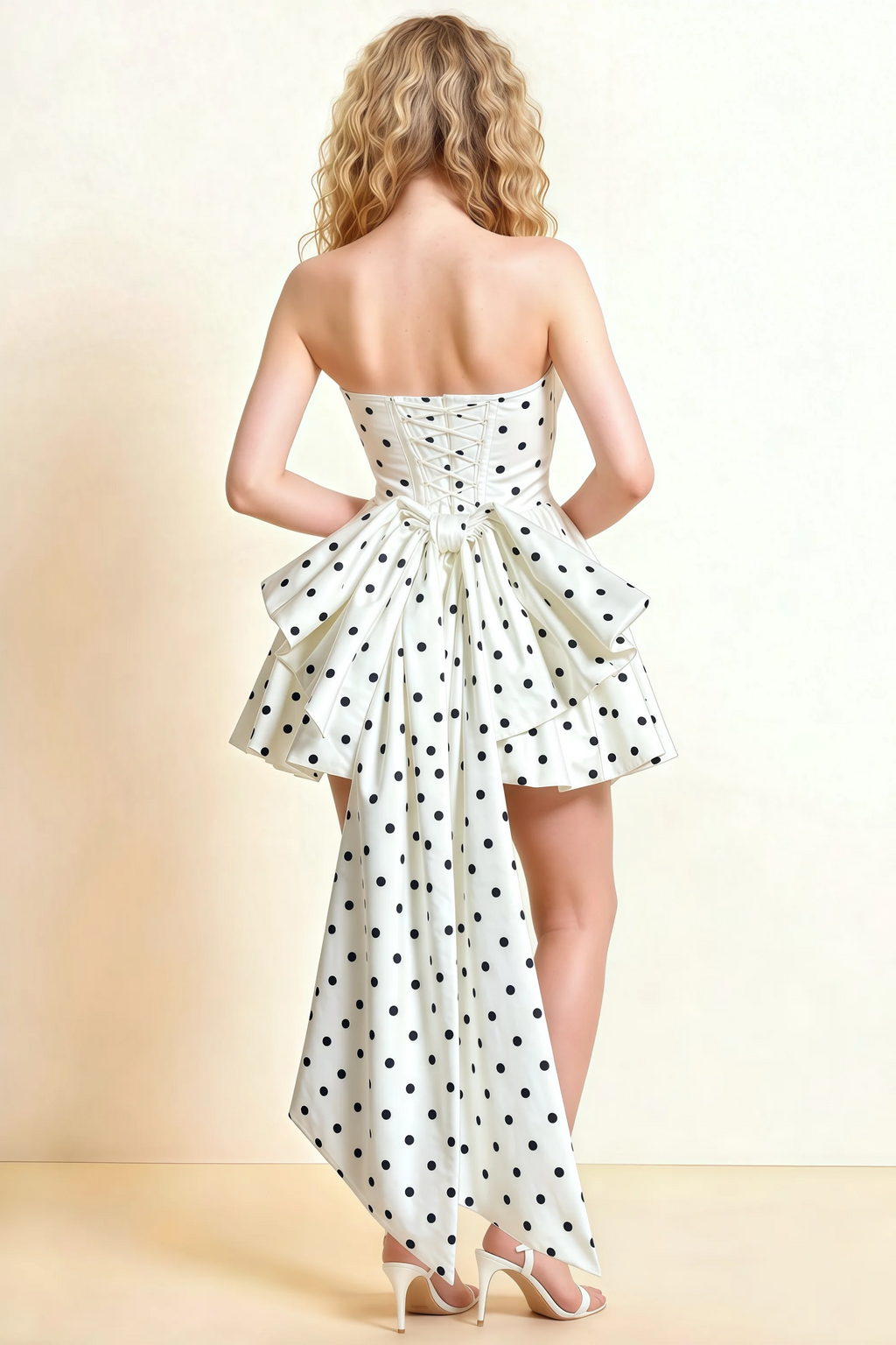 April White Polka Dot Satin Strapless Lace-up Mini Dress with Bow