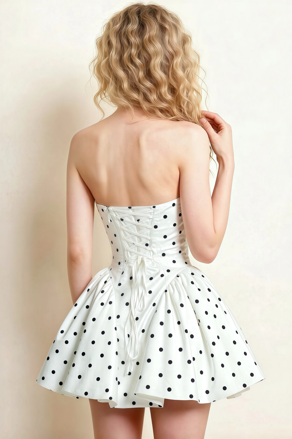 April White Polka Dot Satin Strapless Lace-up Mini Dress with Bow