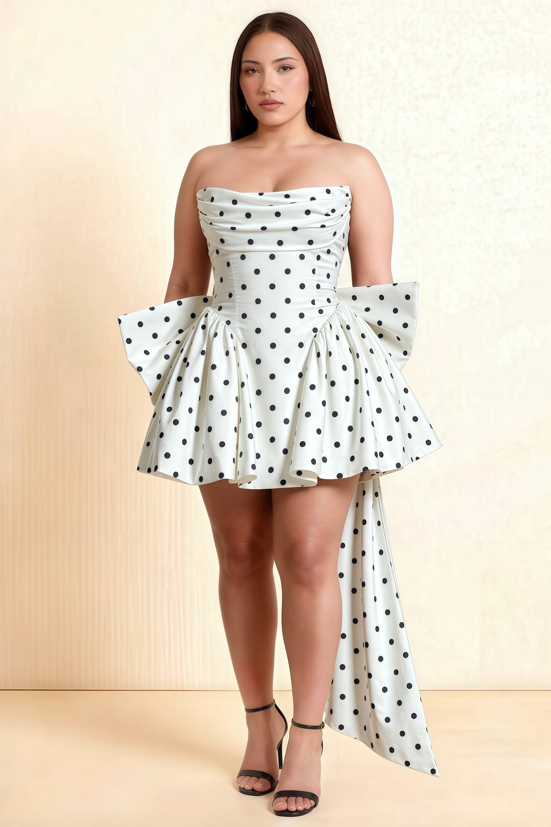 April White Polka Dot Satin Strapless Lace-up Mini Dress with Bow