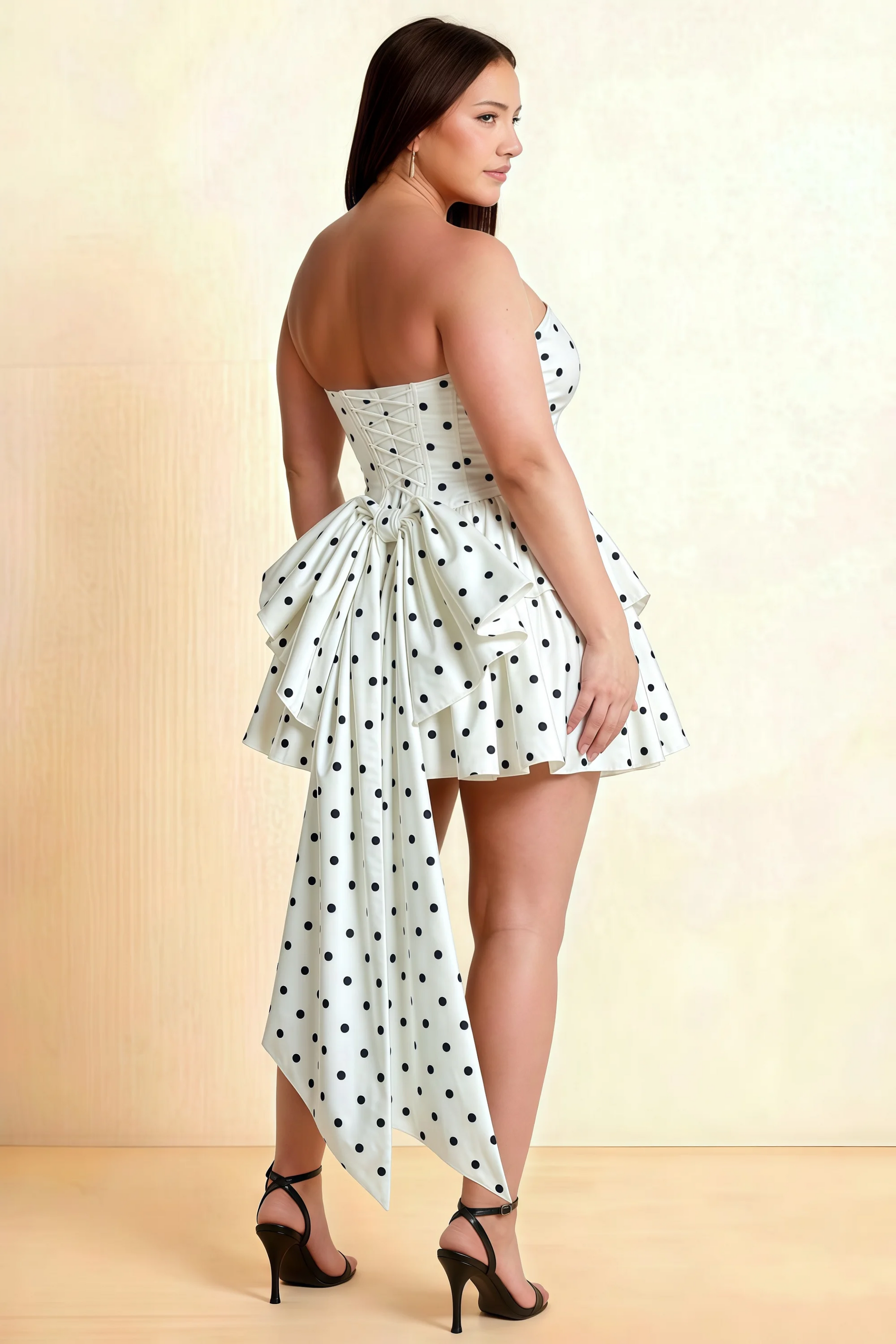 April White Polka Dot Satin Strapless Lace-up Mini Dress with Bow