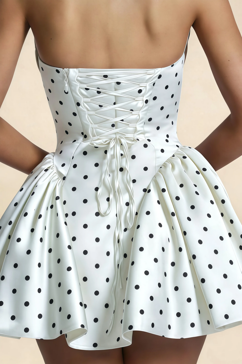 April White Polka Dot Satin Strapless Lace-up Mini Dress with Bow