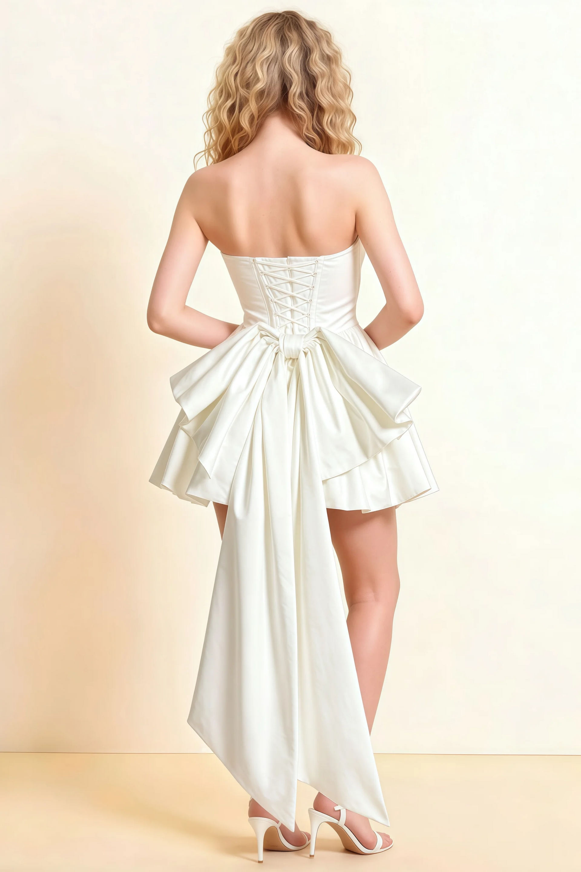 April White Satin Strapless Lace-up Mini Dress with Bow