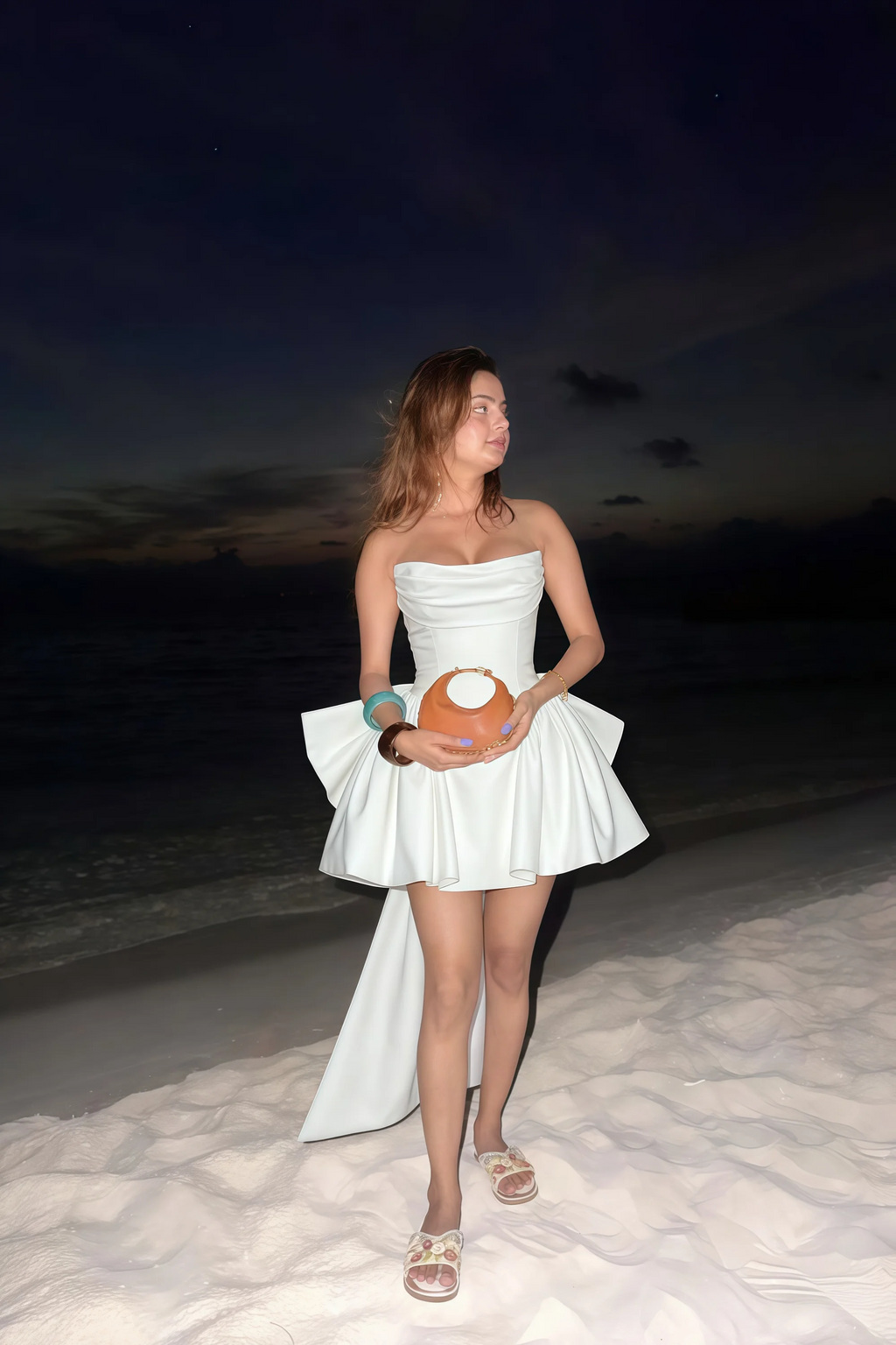 April White Satin Strapless Lace-up Mini Dress with Bow