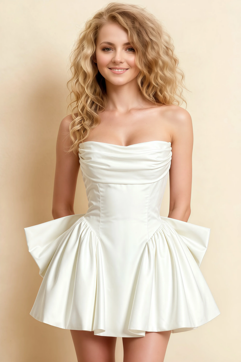 April White Satin Strapless Lace-up Mini Dress with Bow