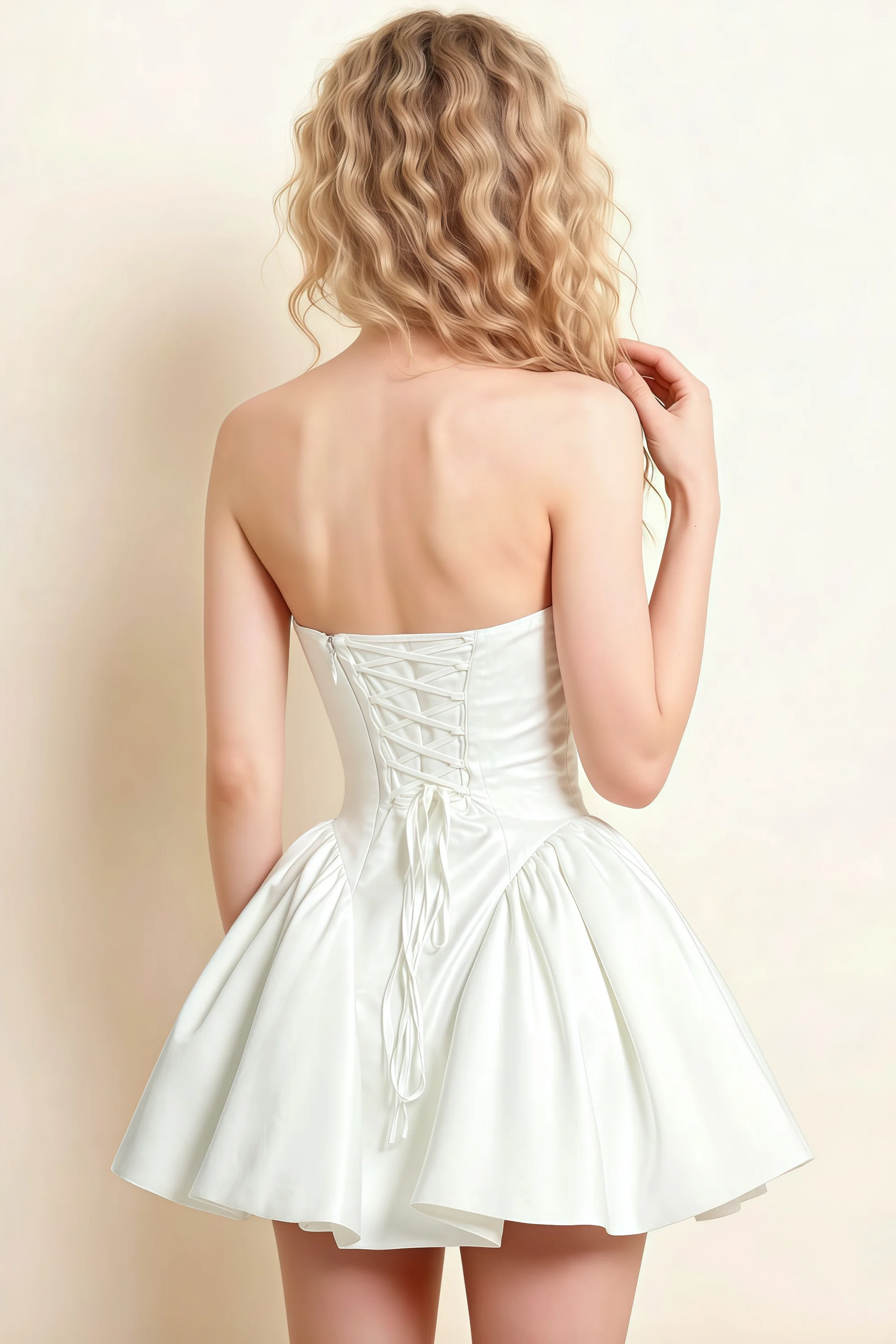 April White Satin Strapless Lace-up Mini Dress with Bow
