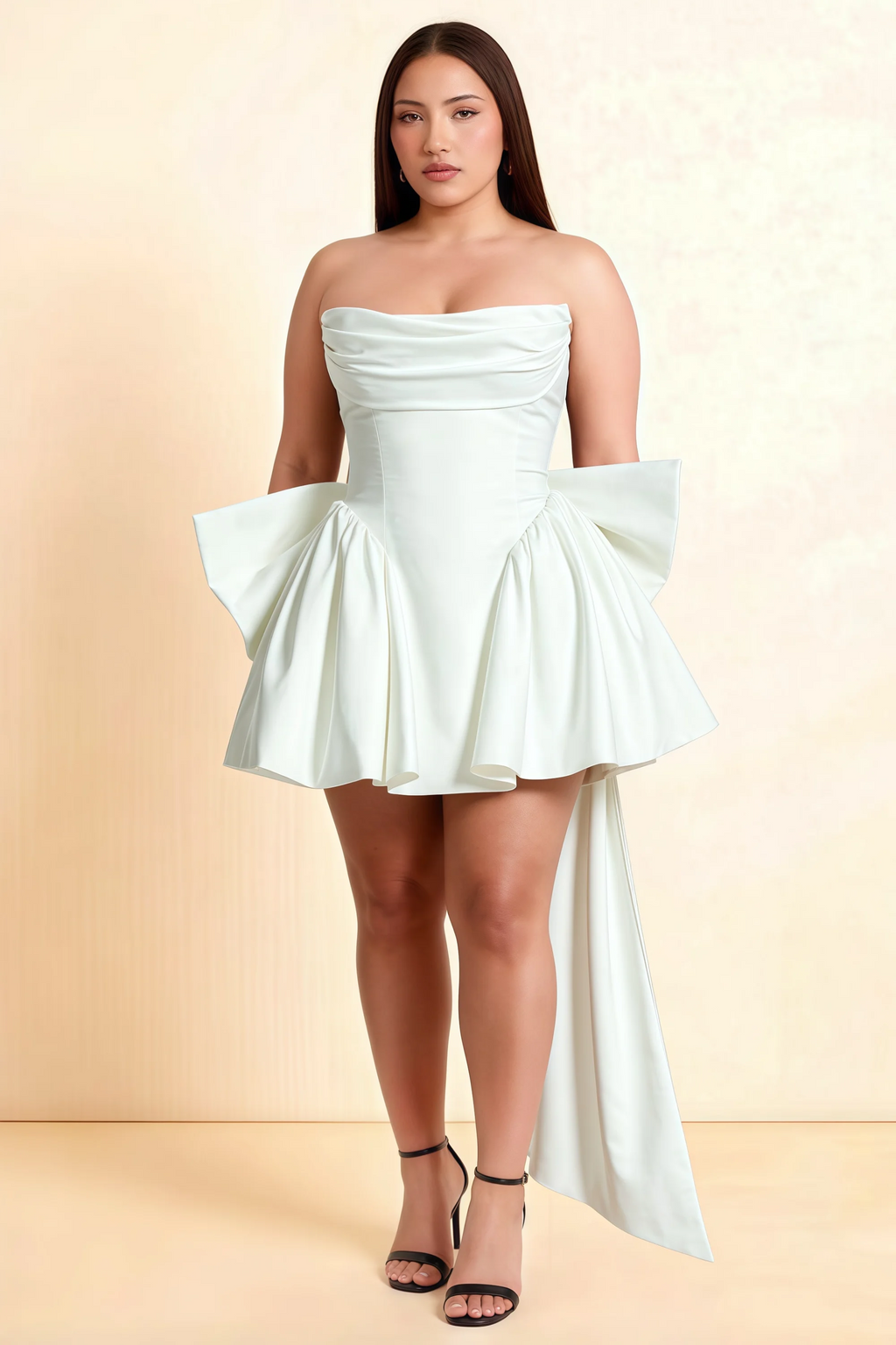 April White Satin Strapless Lace-up Mini Dress with Bow