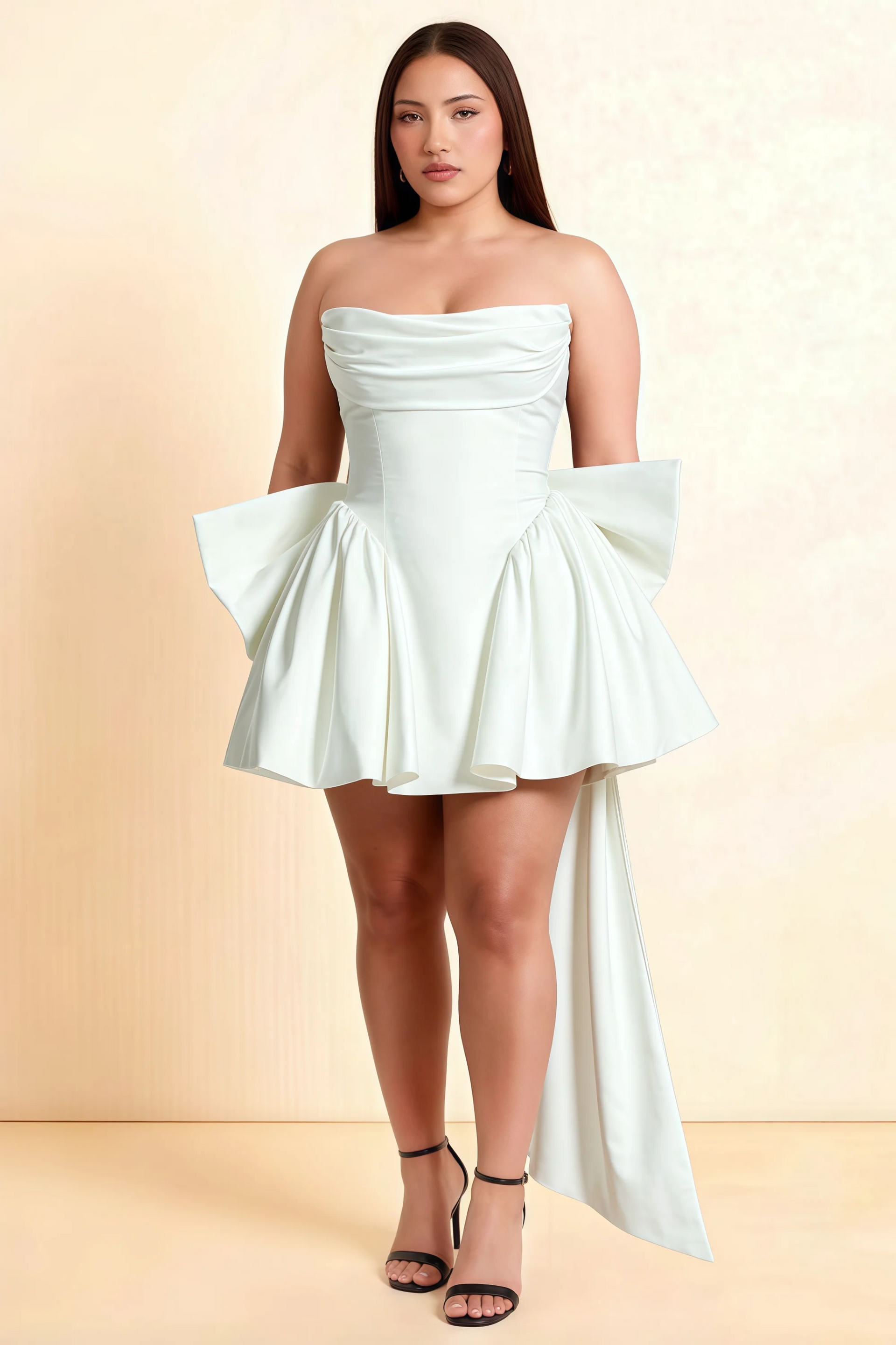 April White Satin Strapless Lace-up Mini Dress with Bow