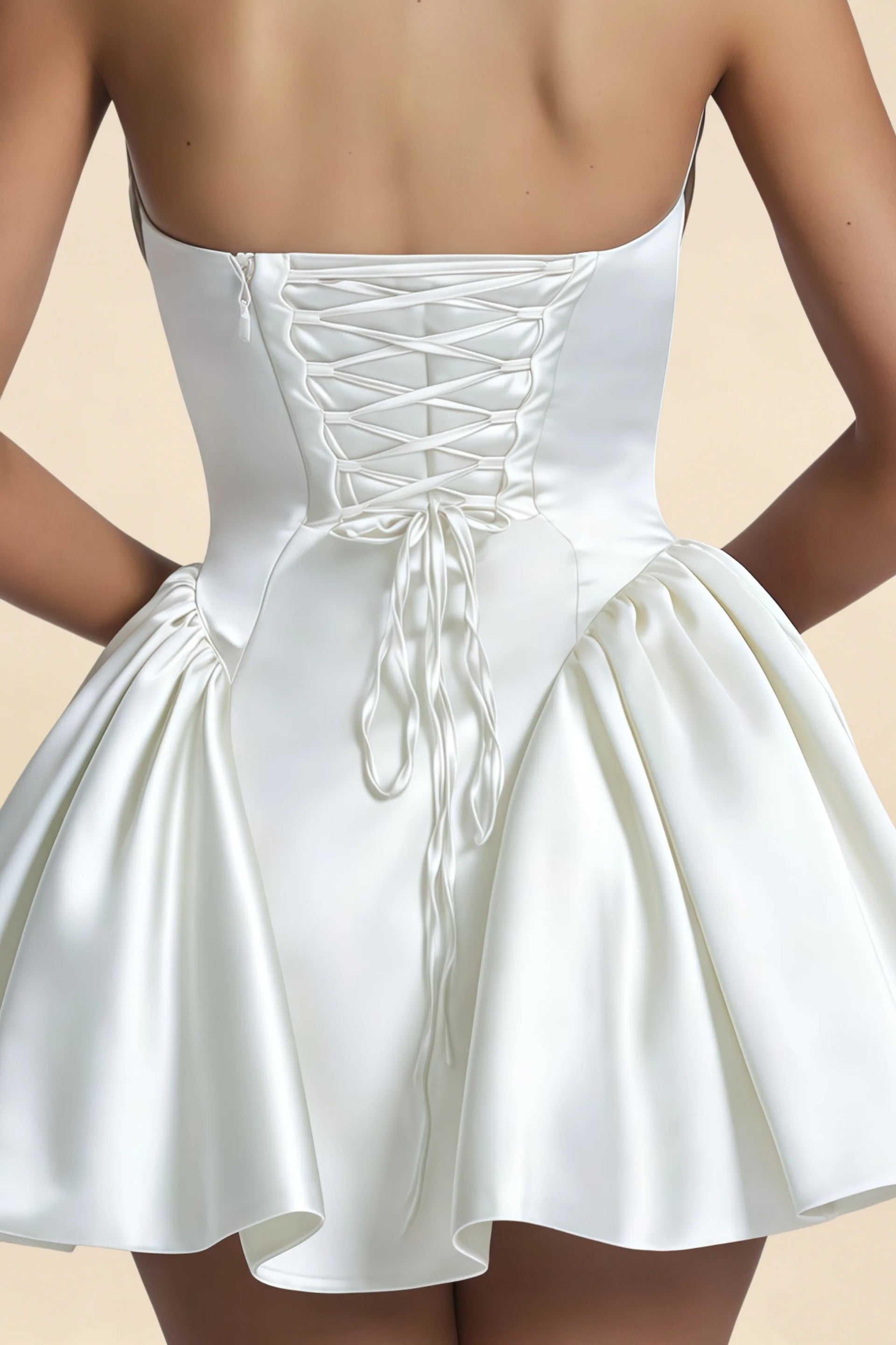 April White Satin Strapless Lace-up Mini Dress with Bow