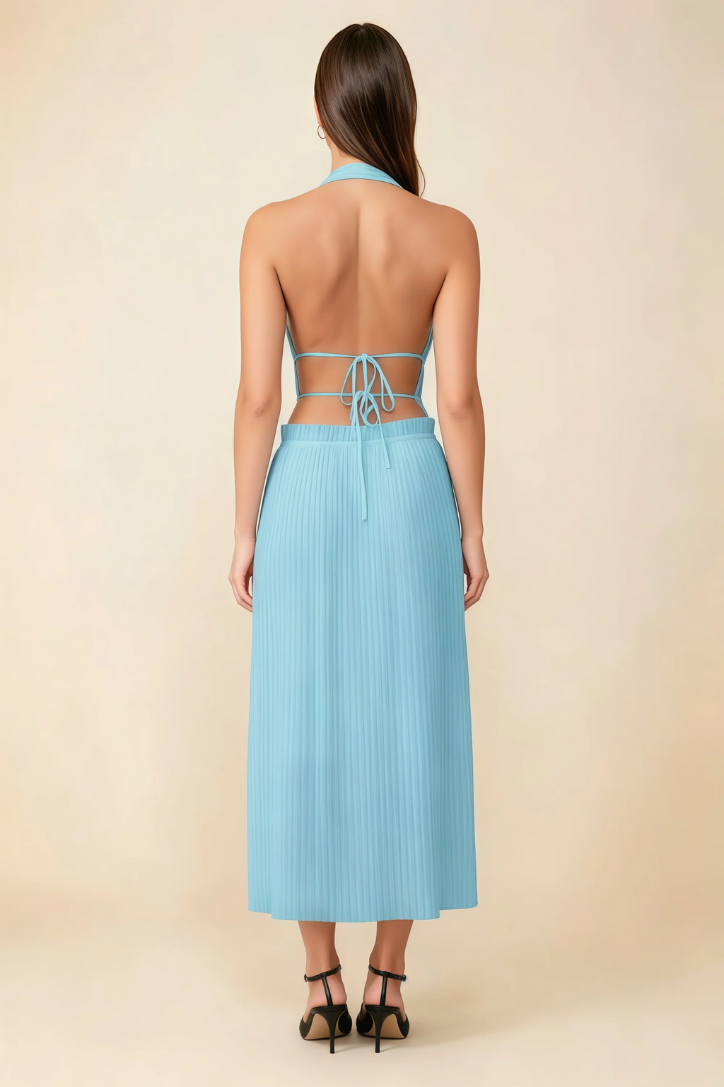 Arabella Baby Blue Halter Open Back Pleated Midi Dress