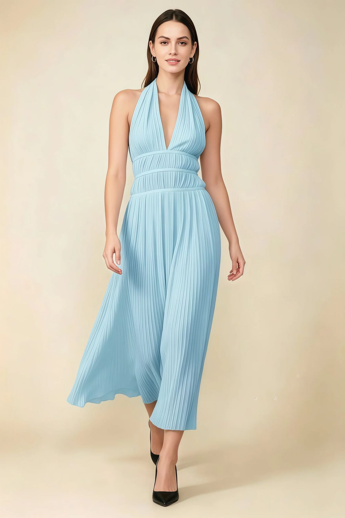Arabella Baby Blue Halter Open Back Pleated Midi Dress