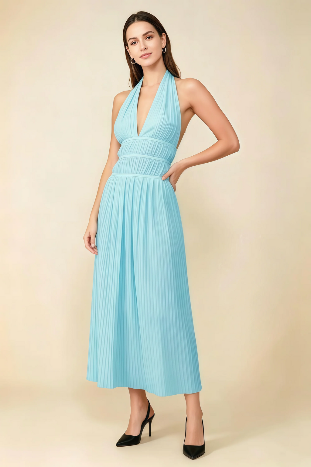 Arabella Baby Blue Halter Open Back Pleated Midi Dress
