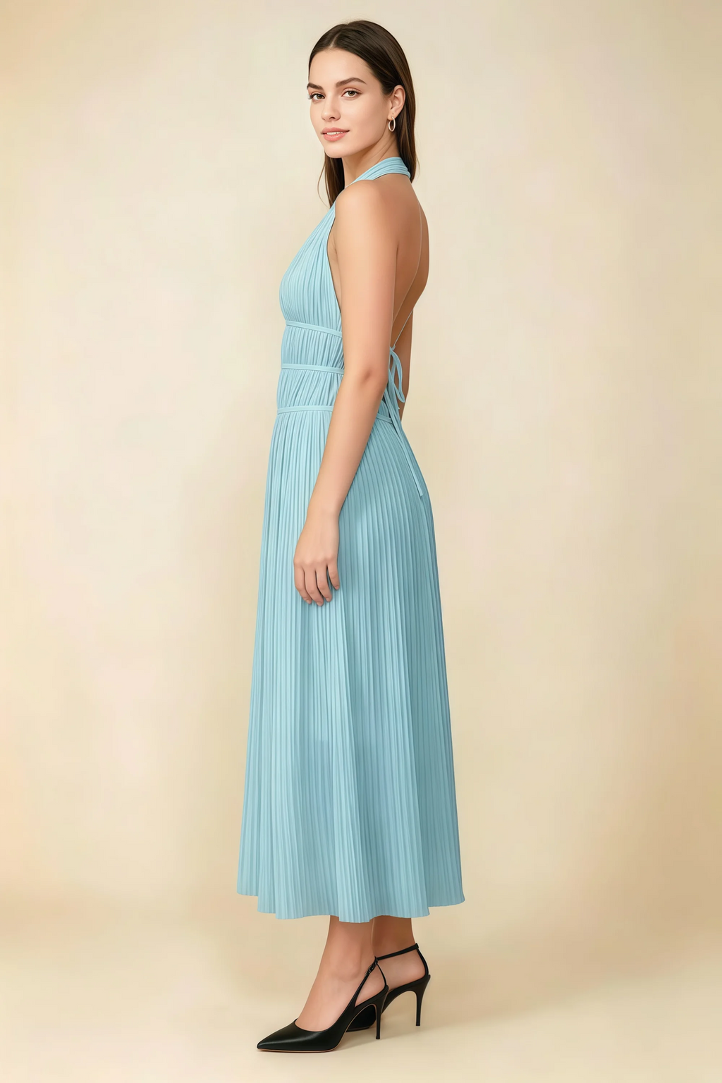 Arabella Baby Blue Halter Open Back Pleated Midi Dress
