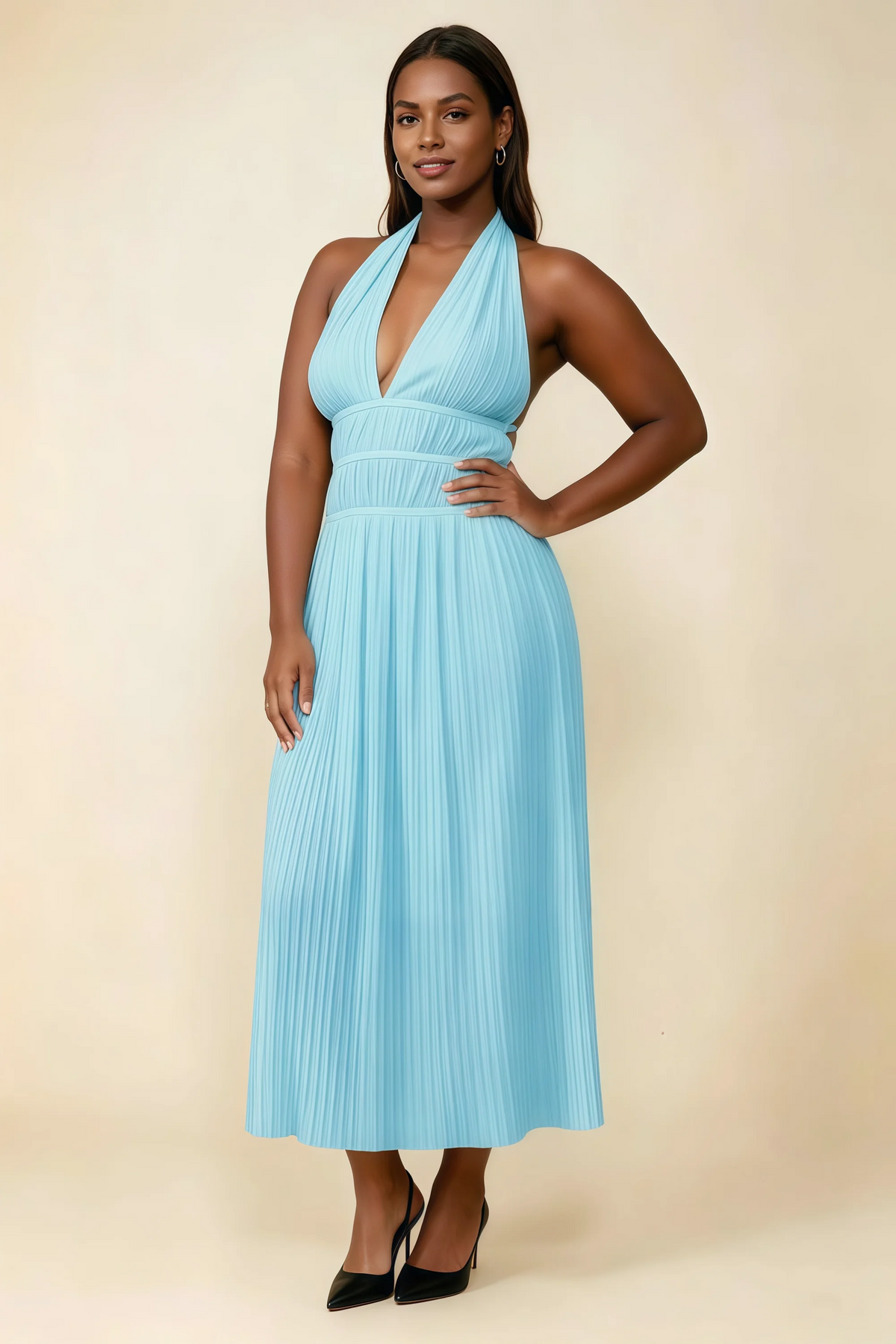 Arabella Baby Blue Halter Open Back Pleated Midi Dress