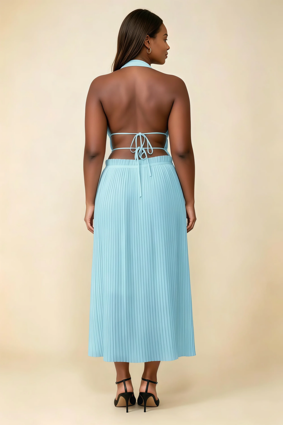 Arabella Baby Blue Halter Open Back Pleated Midi Dress