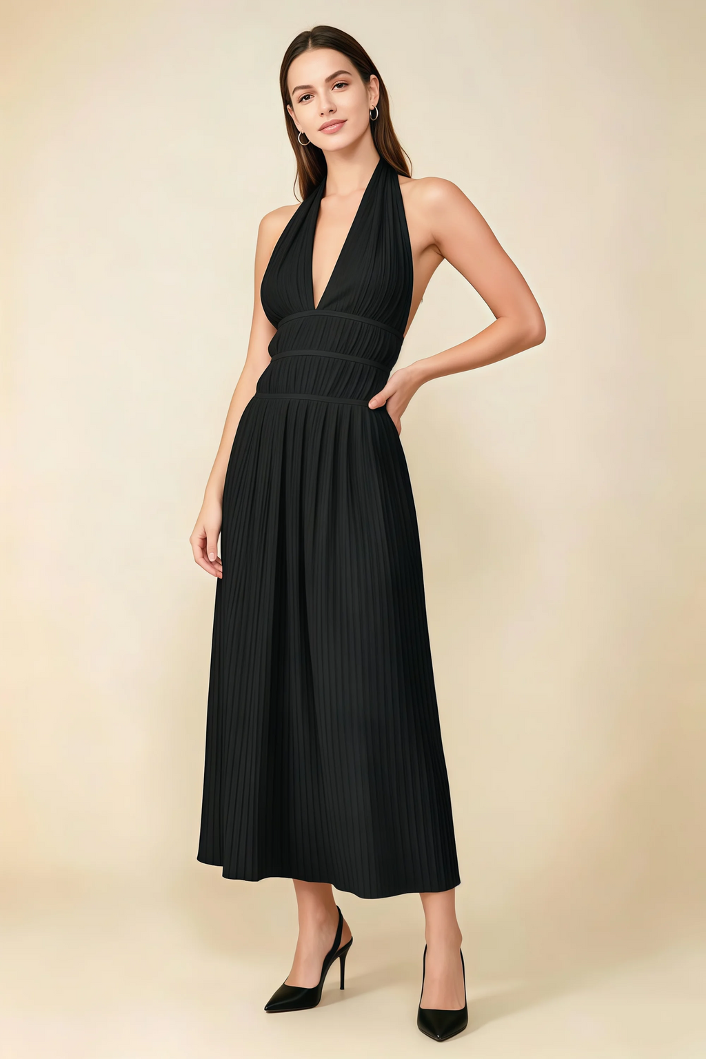 Arabella Black Halter Open Back Pleated Midi Dress