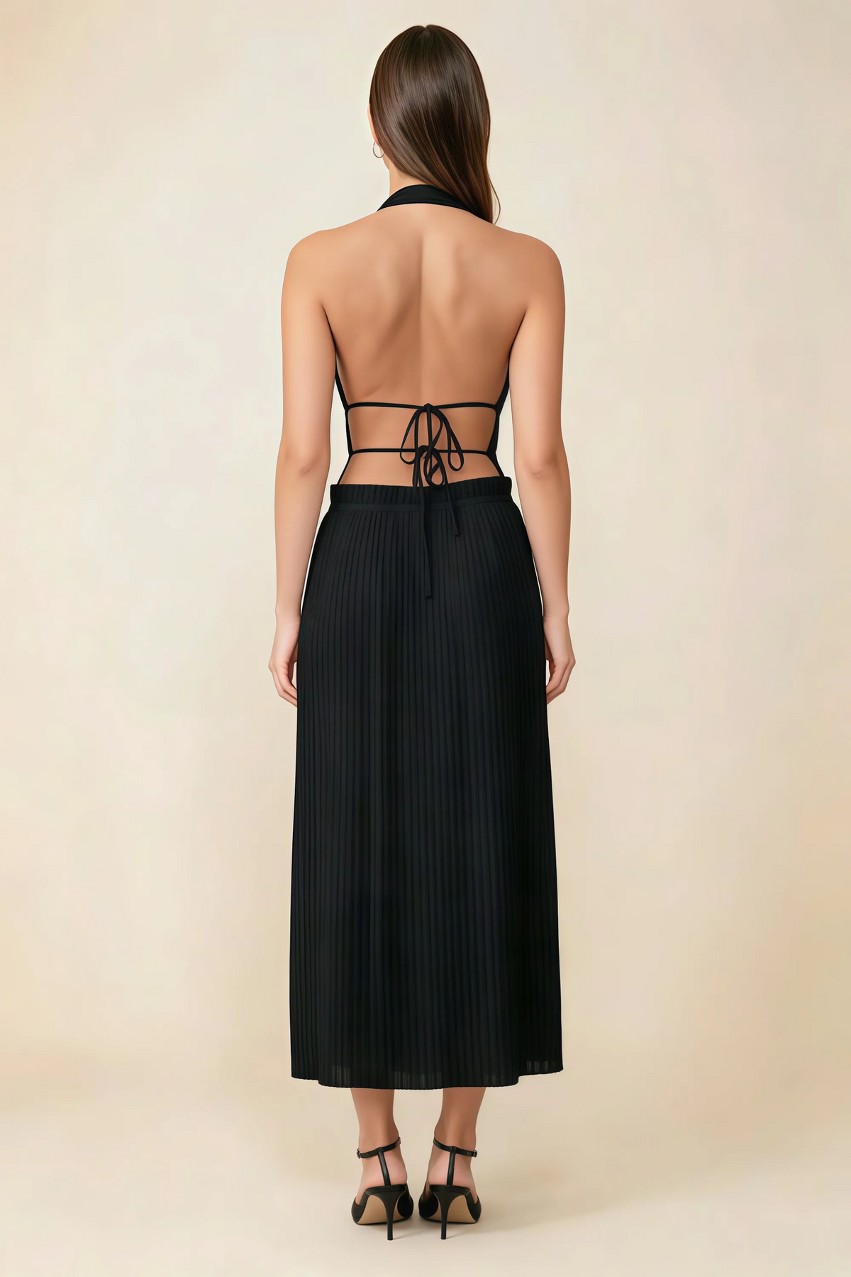 Arabella Black Halter Open Back Pleated Midi Dress