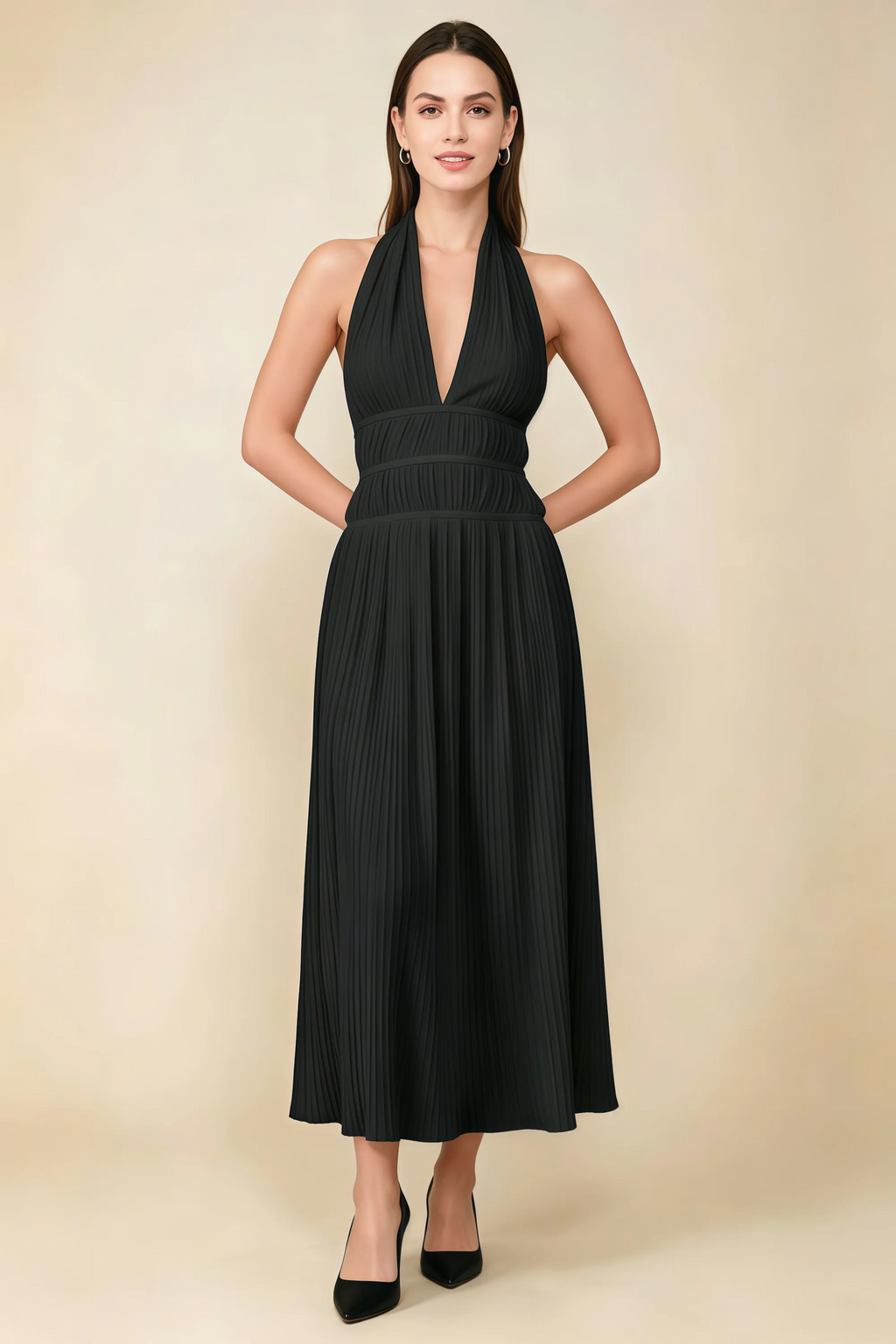 Arabella Black Halter Open Back Pleated Midi Dress