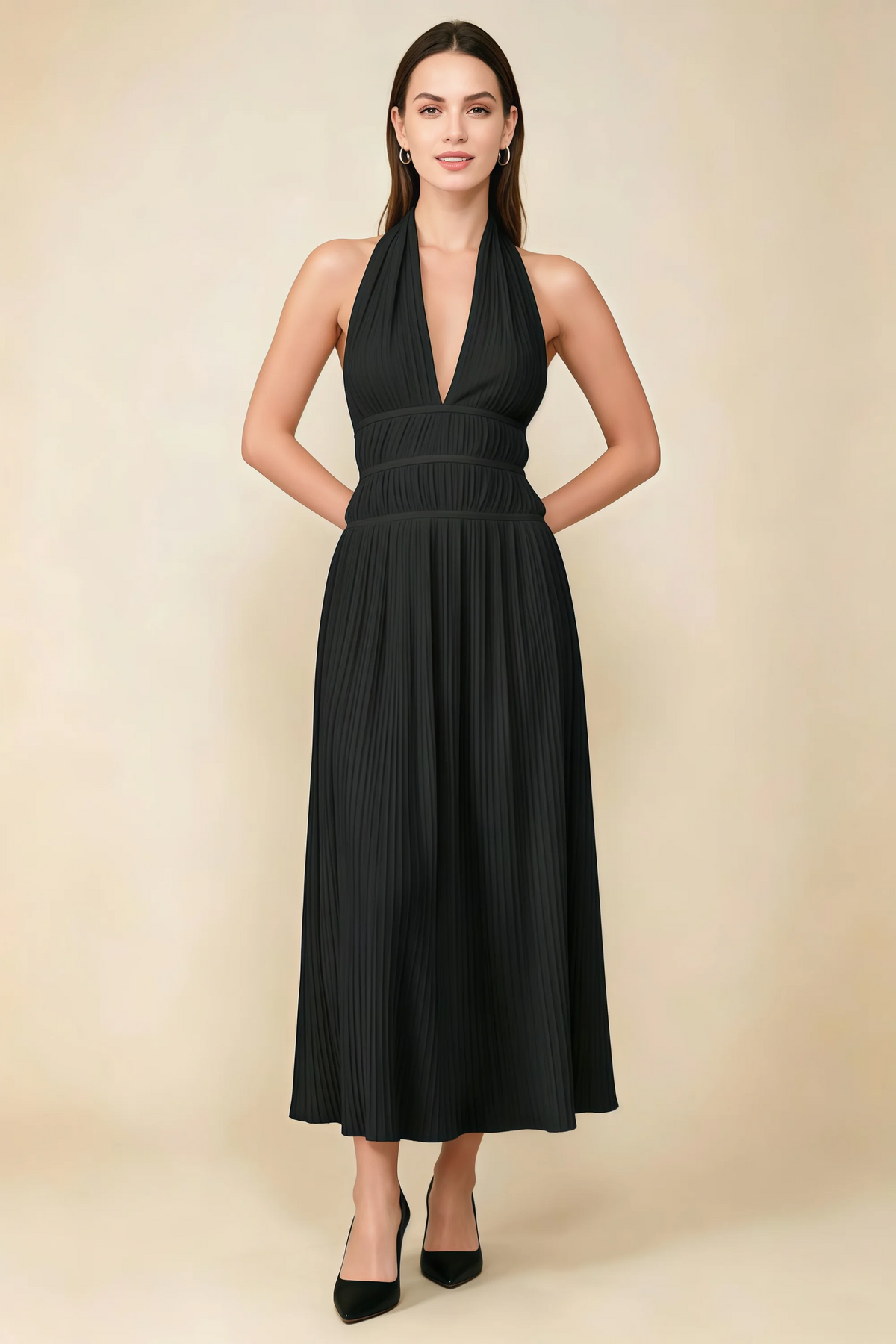 Arabella Black Halter Open Back Pleated Midi Dress