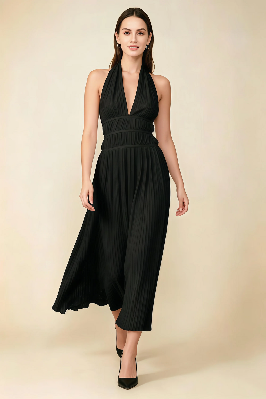 Arabella Black Halter Open Back Pleated Midi Dress