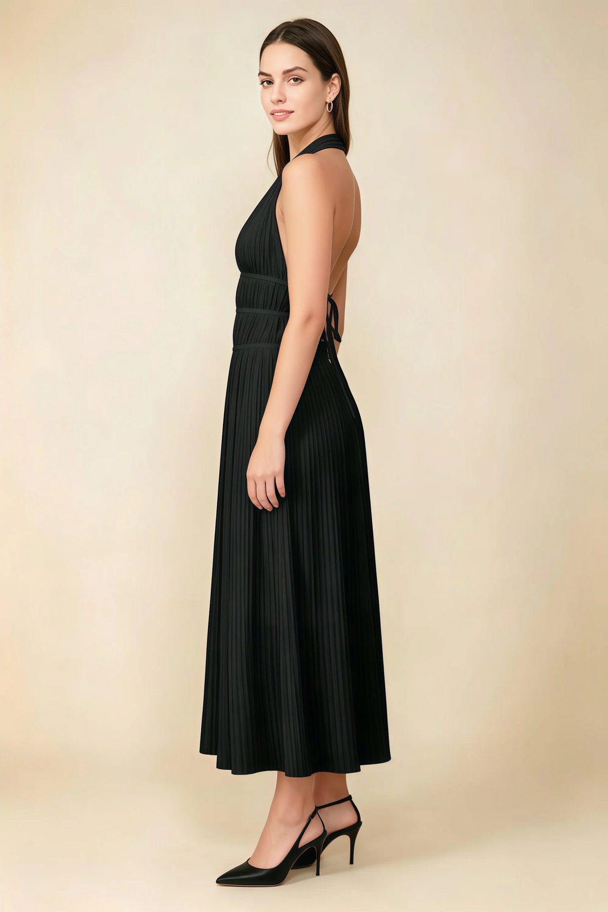 Arabella Black Halter Open Back Pleated Midi Dress