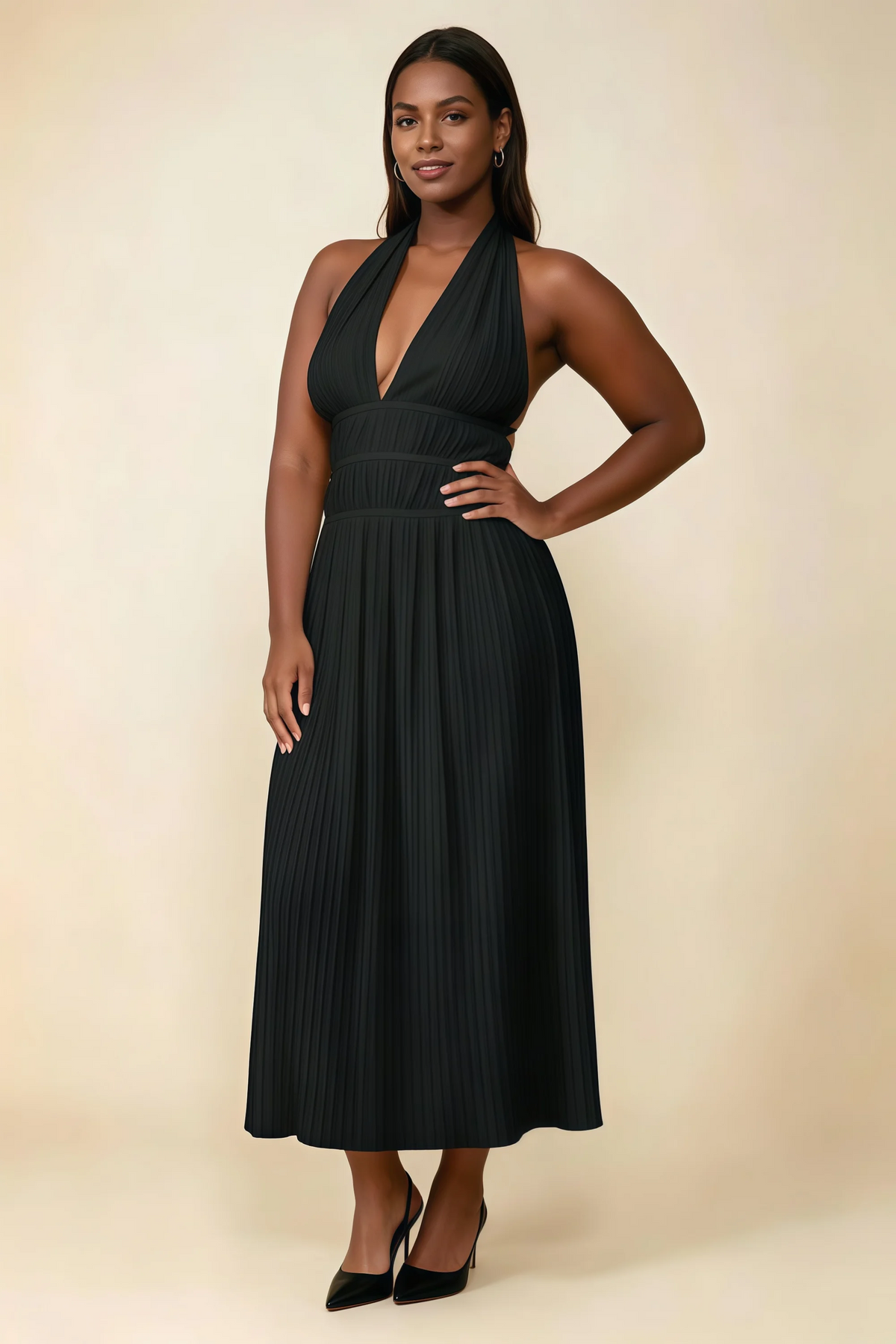 Arabella Black Halter Open Back Pleated Midi Dress