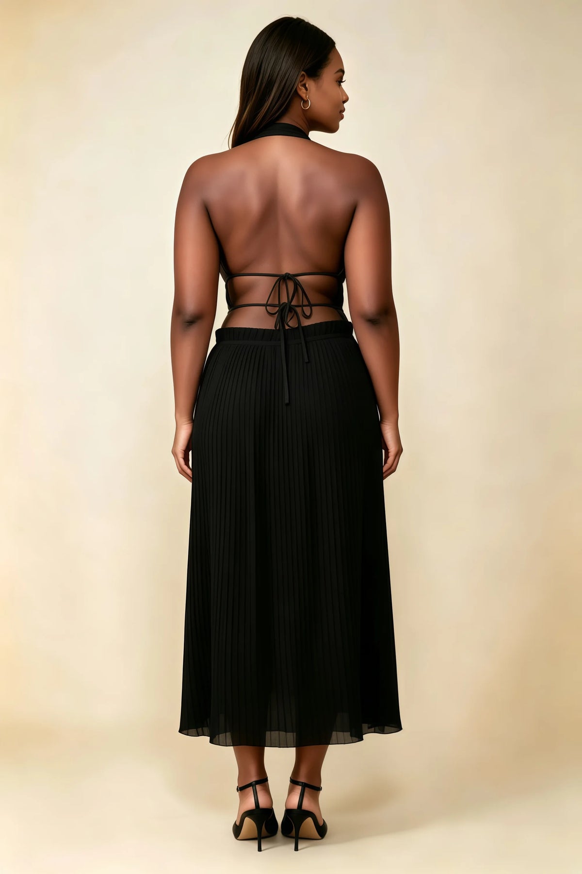 Arabella Black Halter Open Back Pleated Midi Dress