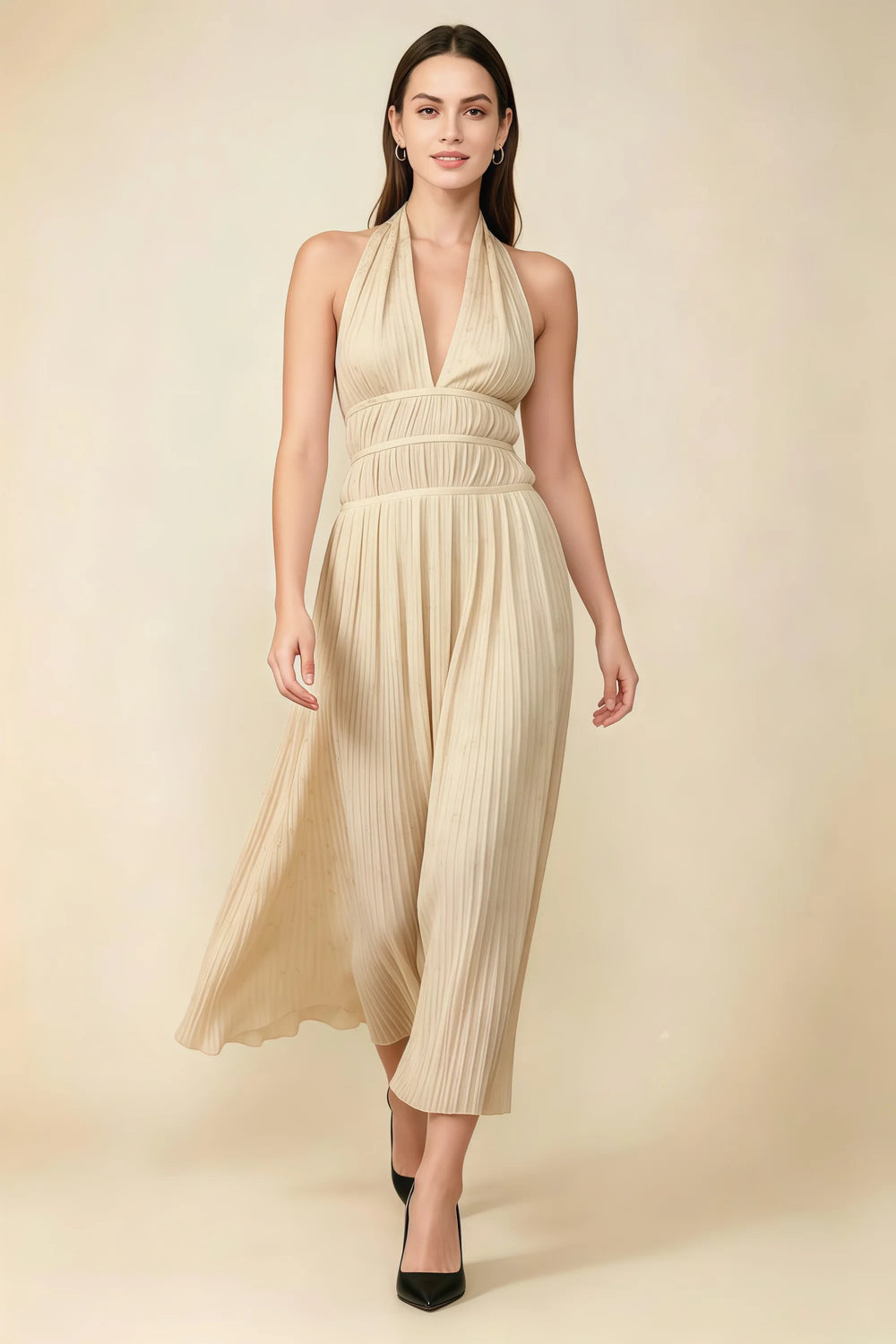 Translation missing: en.Front view of the LVLVS Arabella champagne pleated midi dress with a deep V halter neckline and defined waist. content.product_image_main