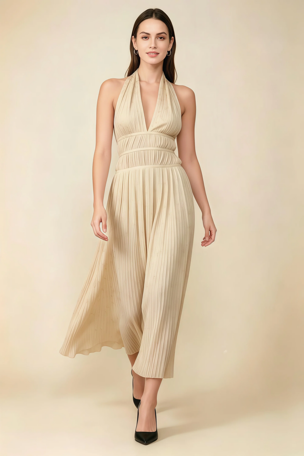 Arabella Champagne Halter Open Back Pleated Midi Dress