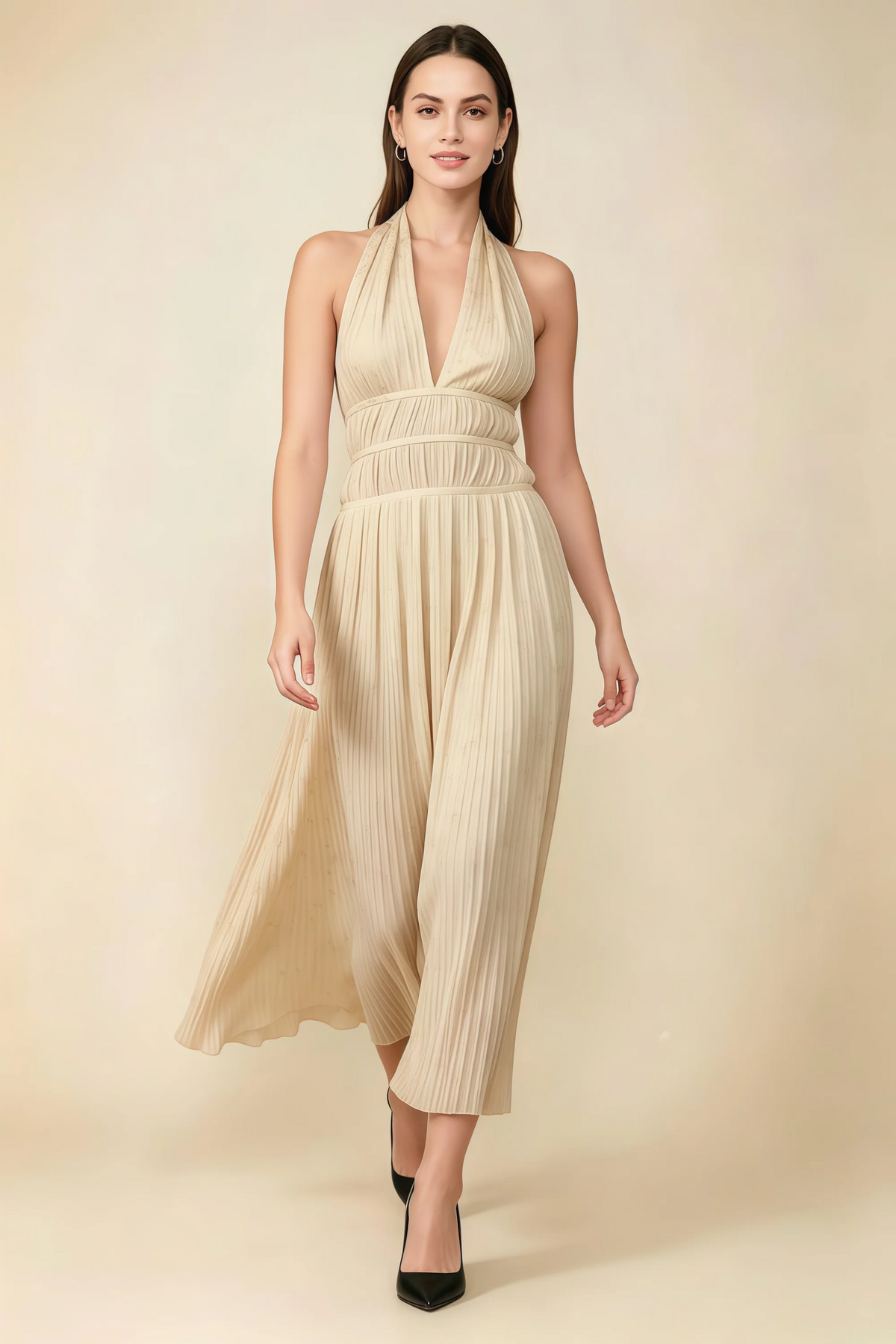 Arabella Champagne Halter Open Back Pleated Midi Dress