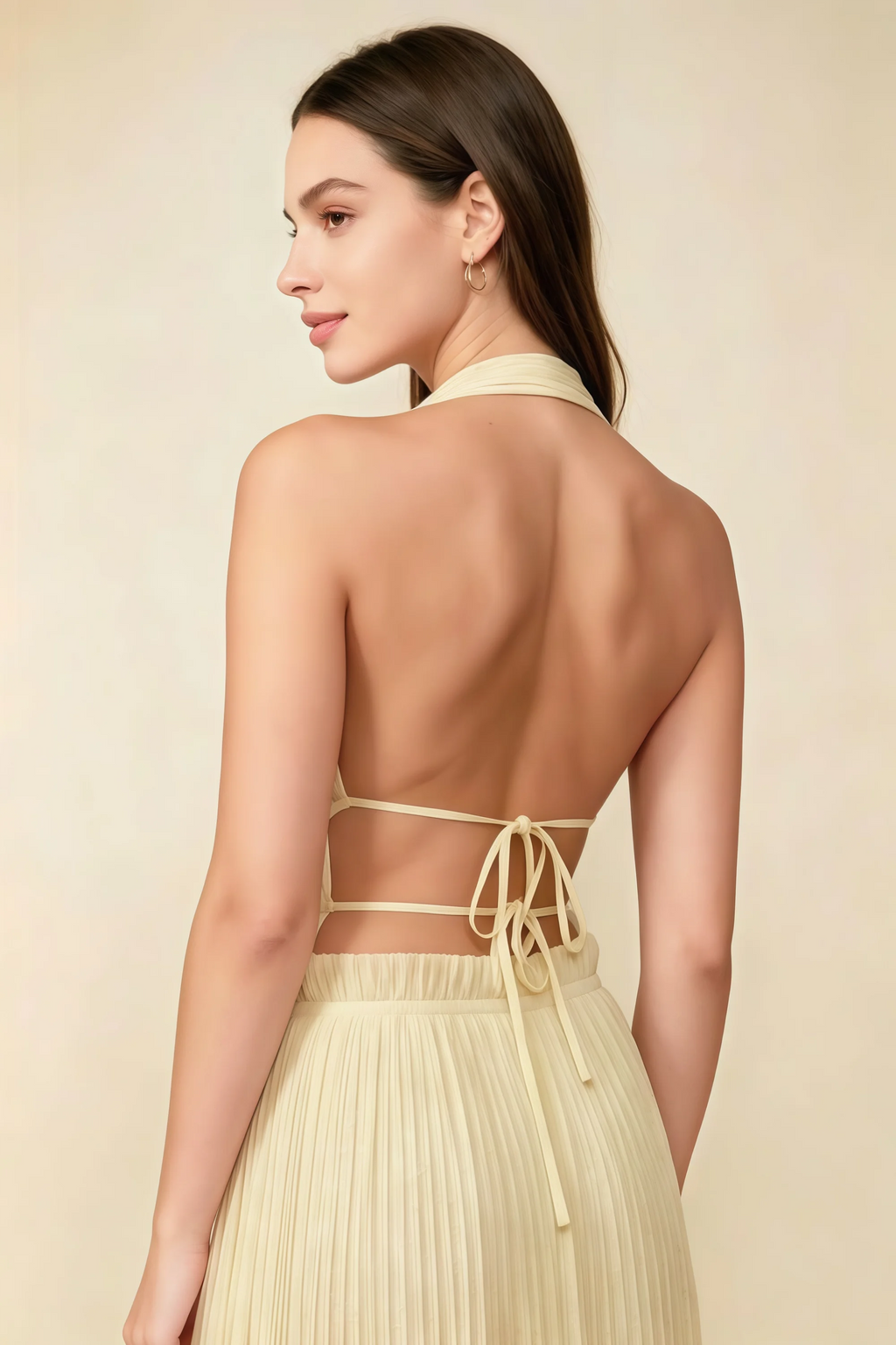 Arabella Champagne Halter Open Back Pleated Midi Dress