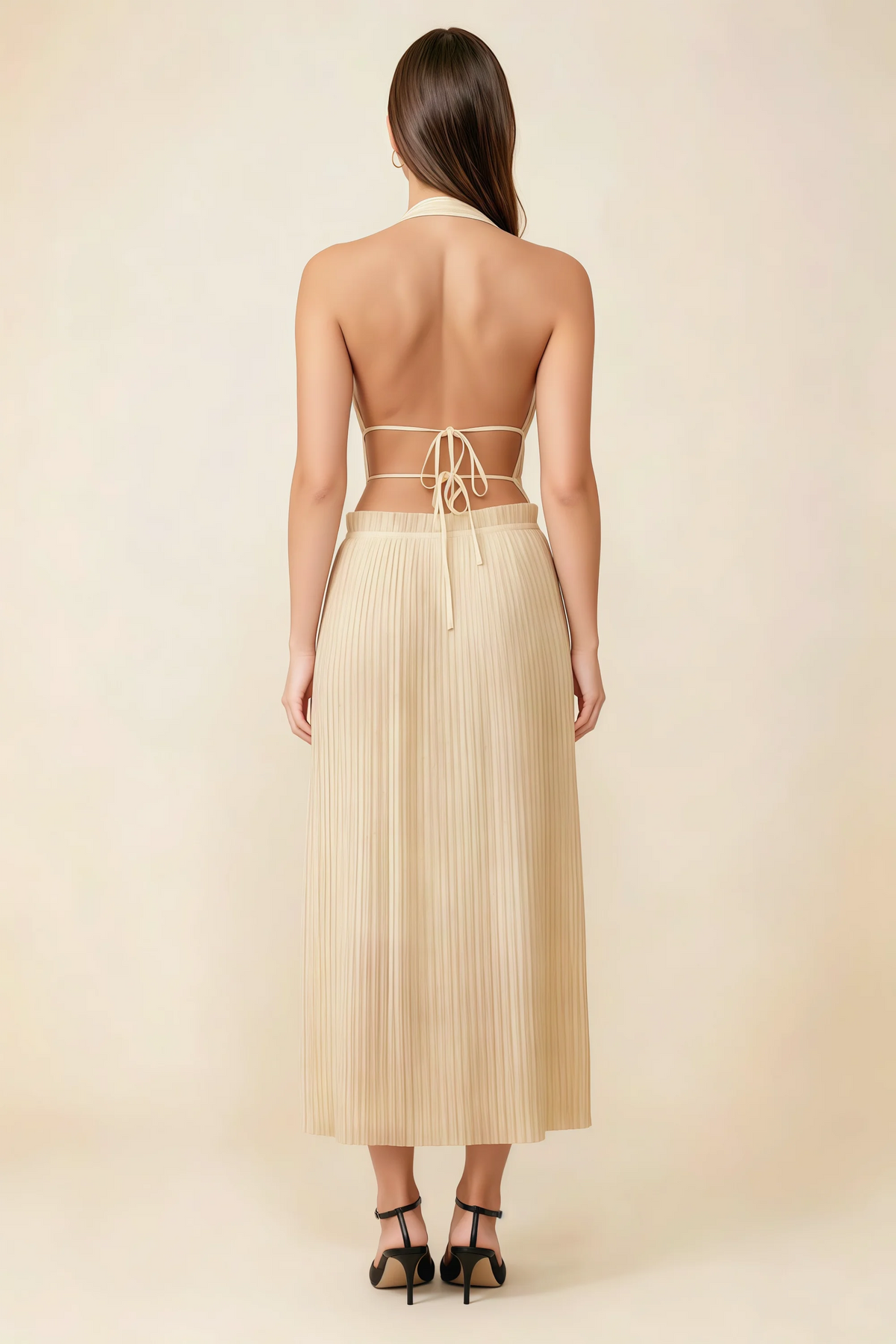 Arabella Champagne Halter Open Back Pleated Midi Dress