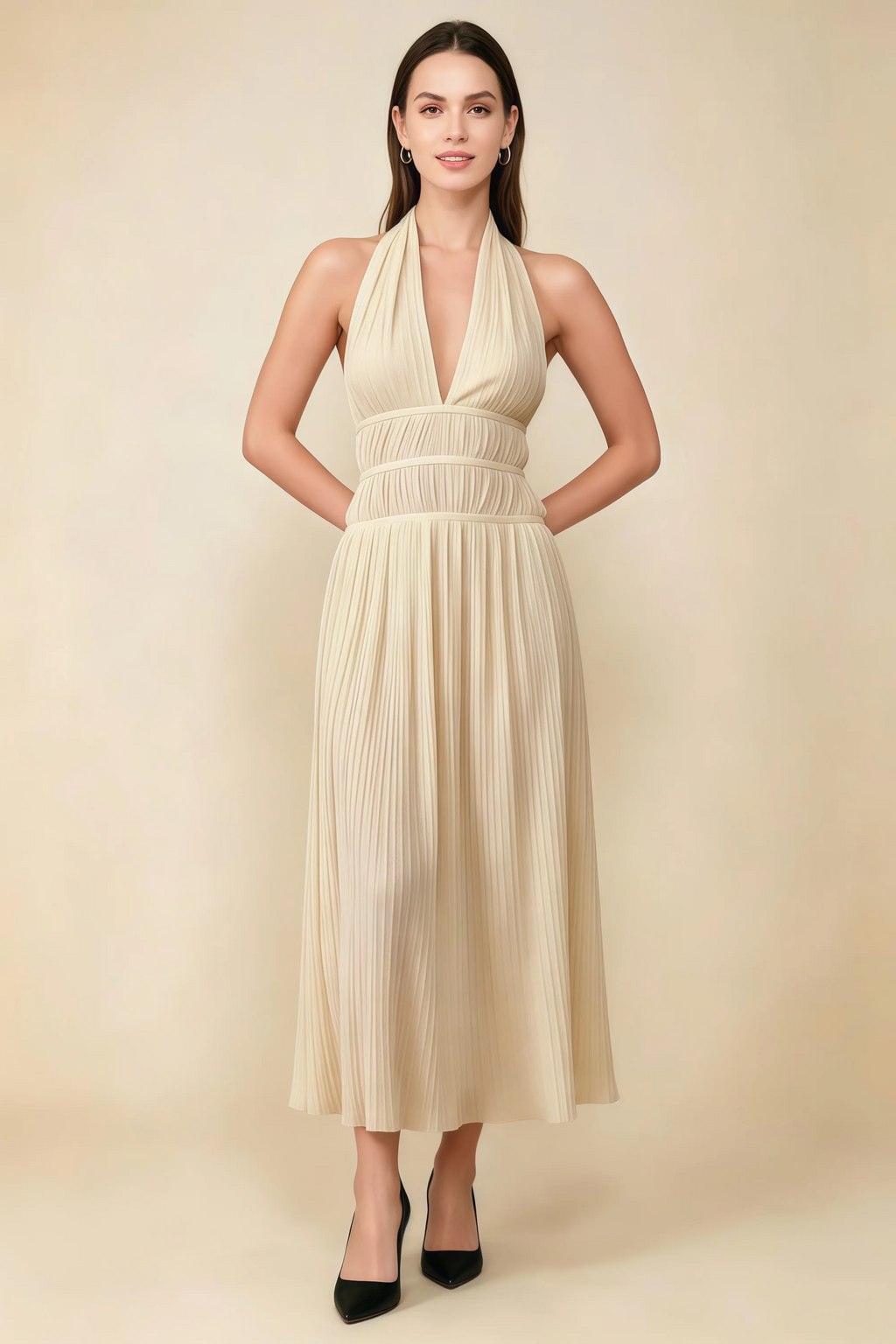 Arabella Champagne Halter Open Back Pleated Midi Dress