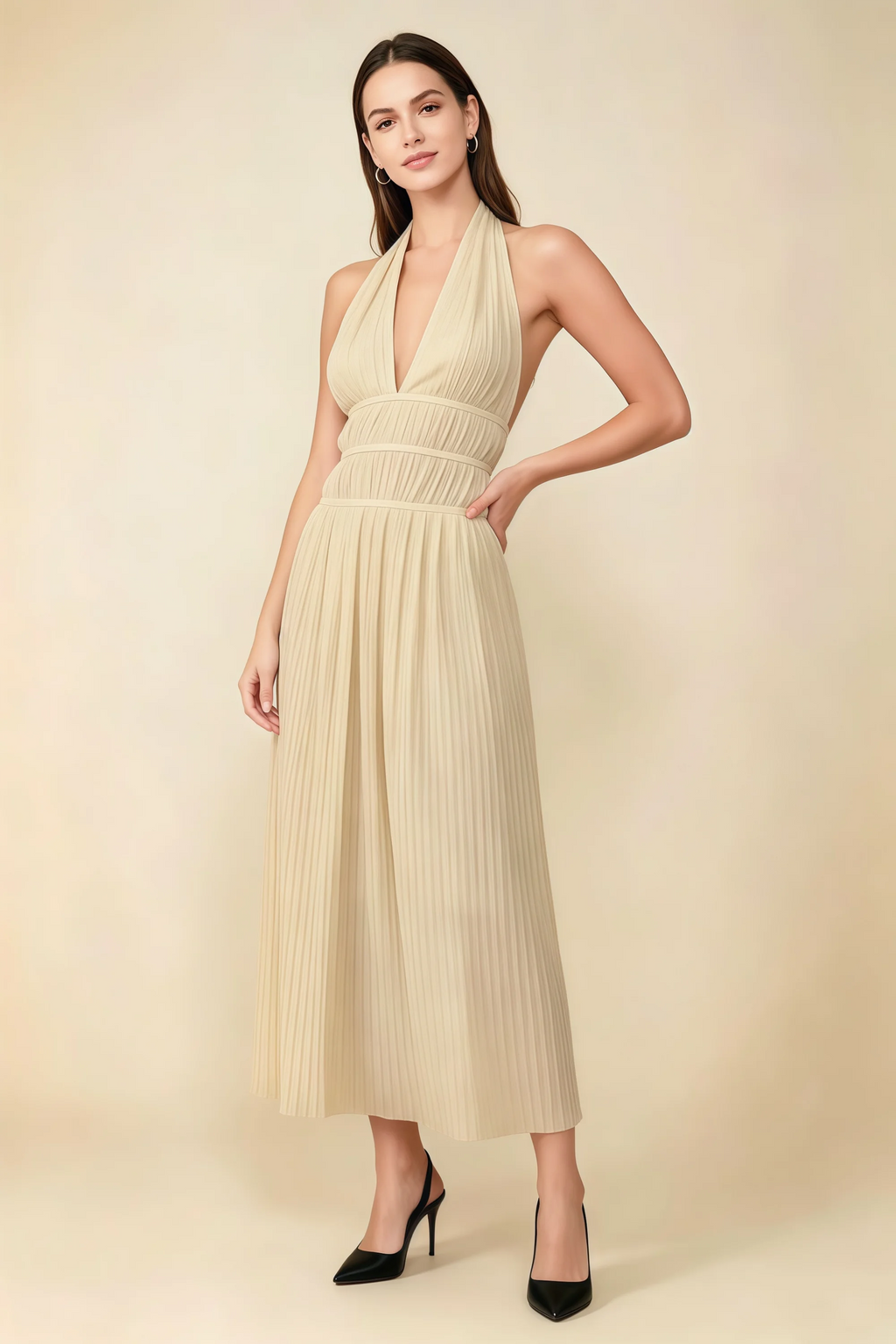 Arabella Champagne Halter Open Back Pleated Midi Dress