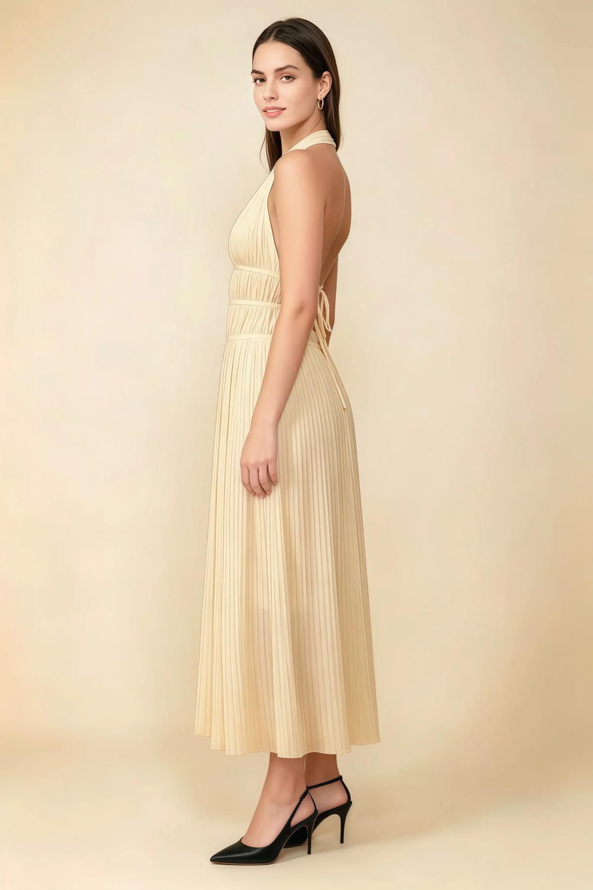 Arabella Champagne Halter Open Back Pleated Midi Dress