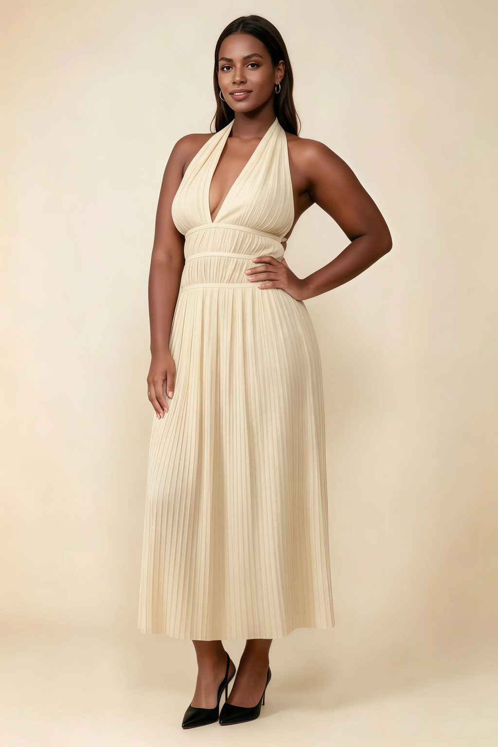Arabella Champagne Halter Open Back Pleated Midi Dress