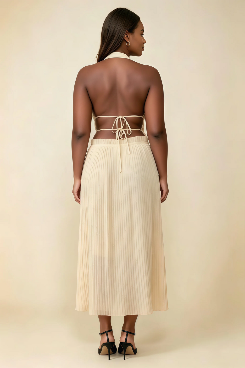 Arabella Champagne Halter Open Back Pleated Midi Dress