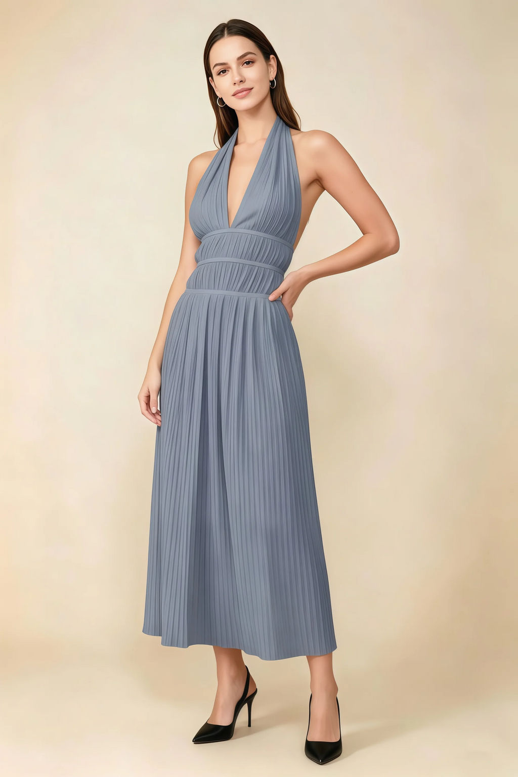 Arabella Dusty Blue Halter Open Back Pleated Midi Dress