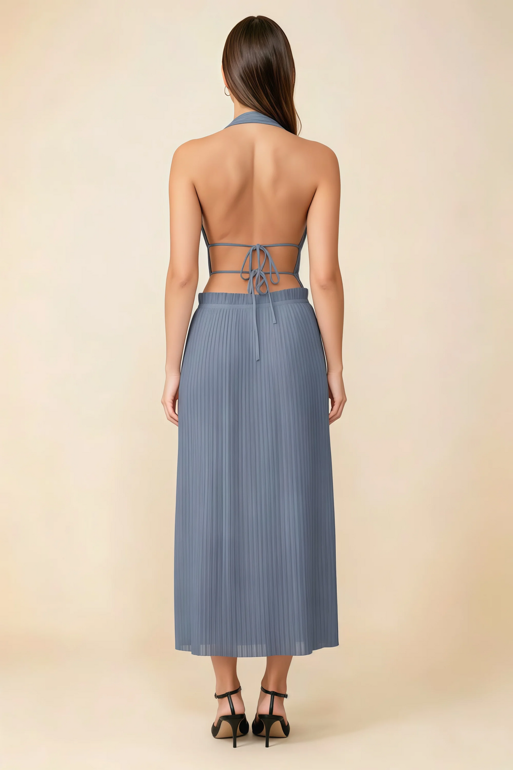 Arabella Dusty Blue Halter Open Back Pleated Midi Dress
