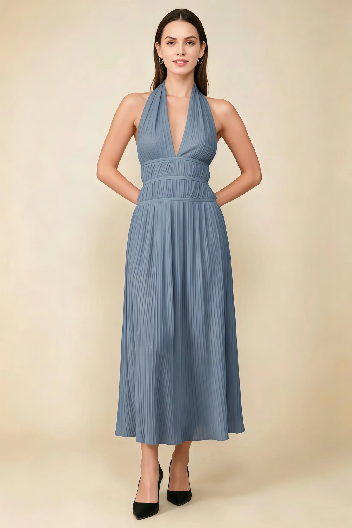 Arabella Dusty Blue Halter Open Back Pleated Midi Dress